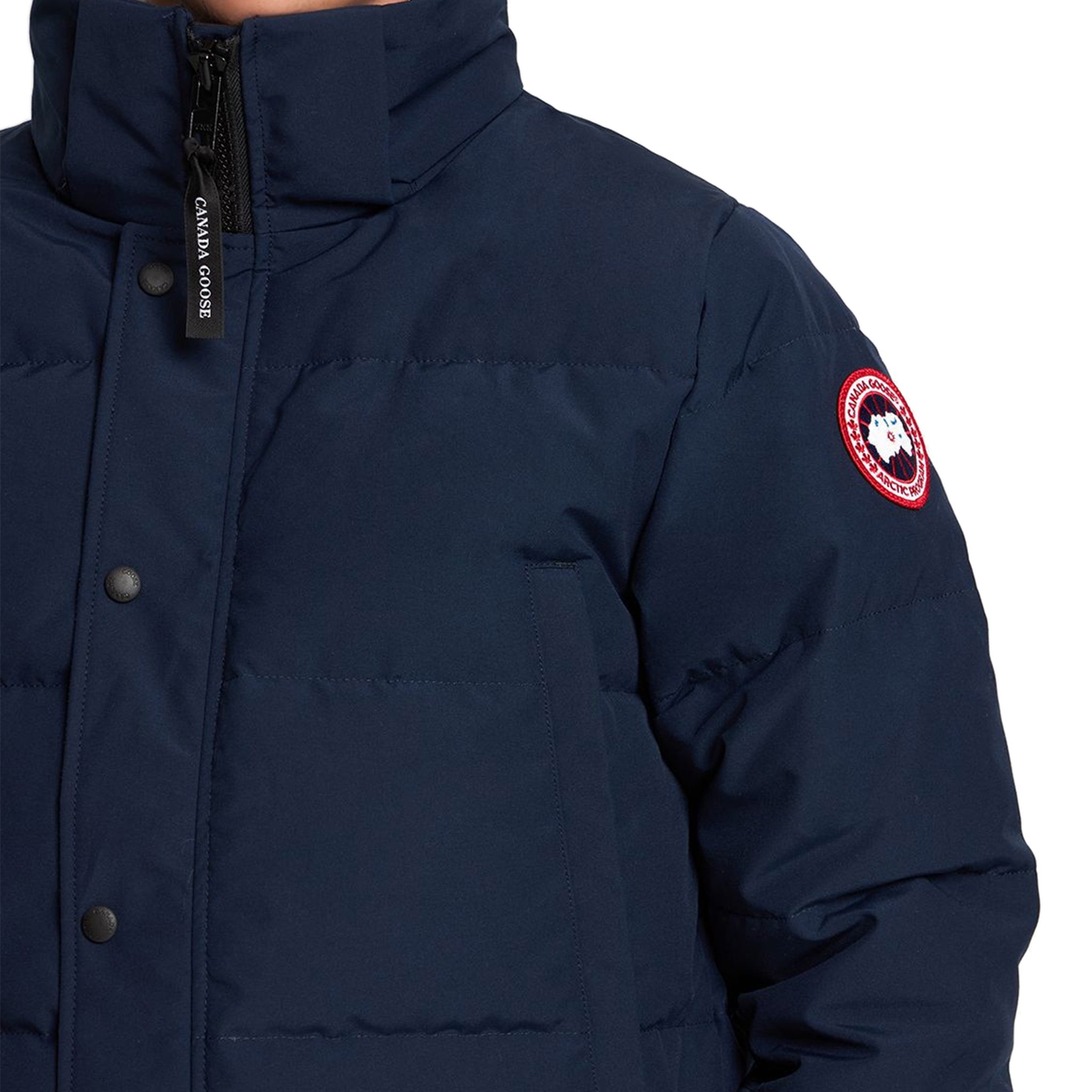 Model side view of Canada Goose Wyndham Atlantic Navy Parka Jacket 2048M63