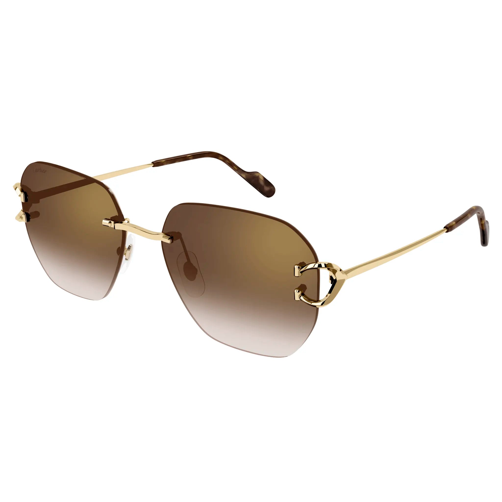 Side view of Cartier Eyewear CT0394S-002 C Decor Gold Brown Rimless Sunglasses