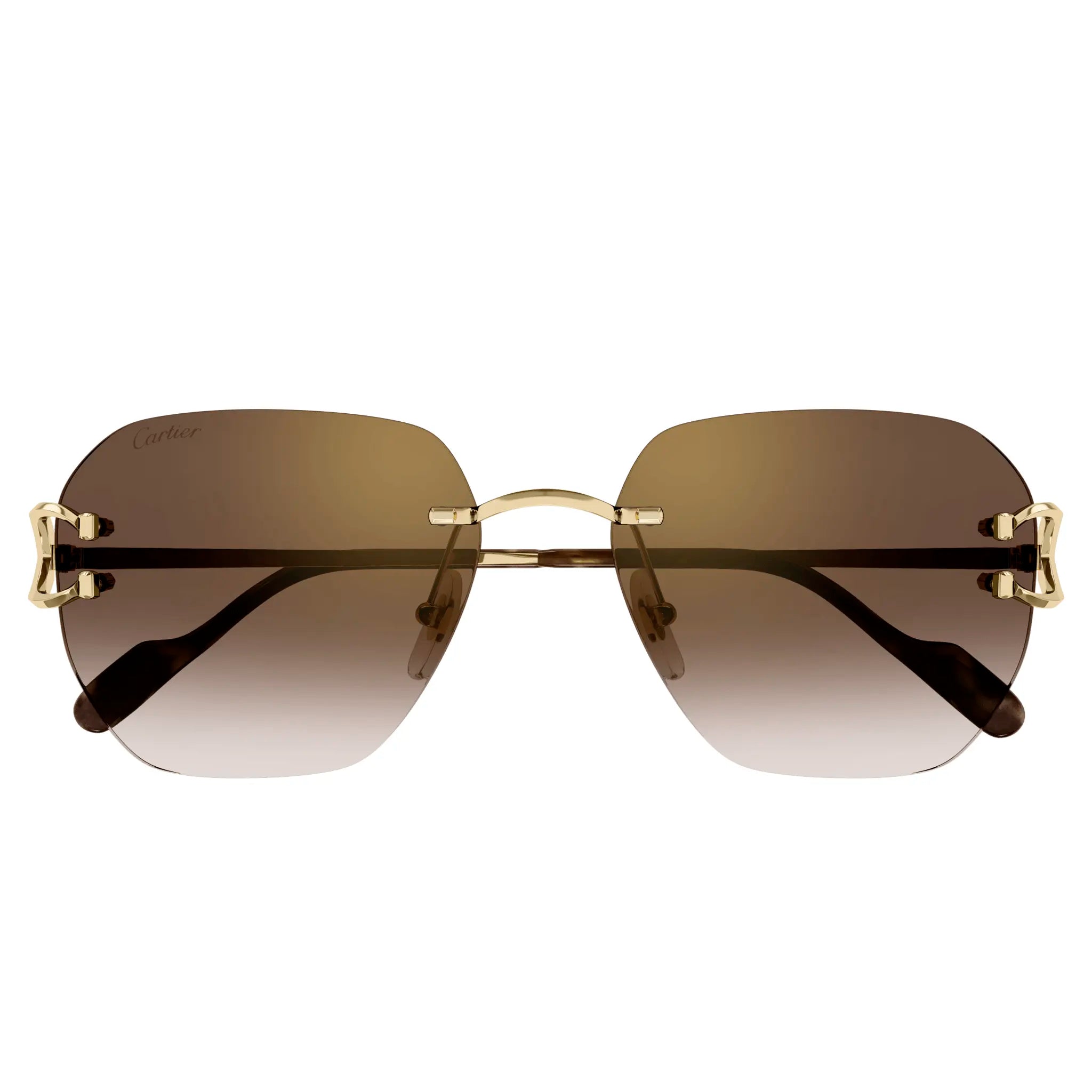 Front view of Cartier Eyewear CT0394S-002 C Decor Gold Brown Rimless Sunglasses