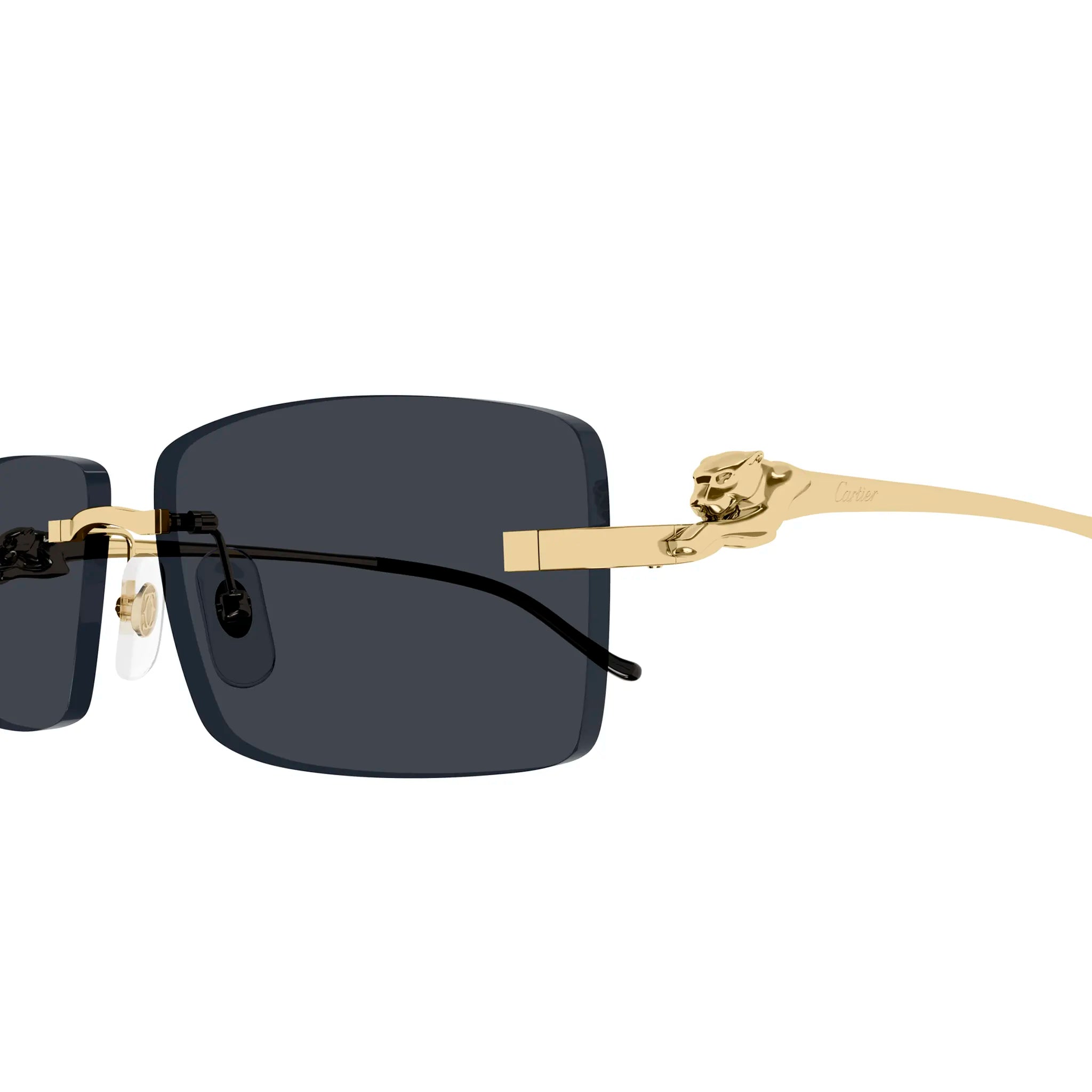 Detail view of Cartier Eyewear CT0430S-001 Panthere De Cartier Gold Grey Rimless Sunglasses