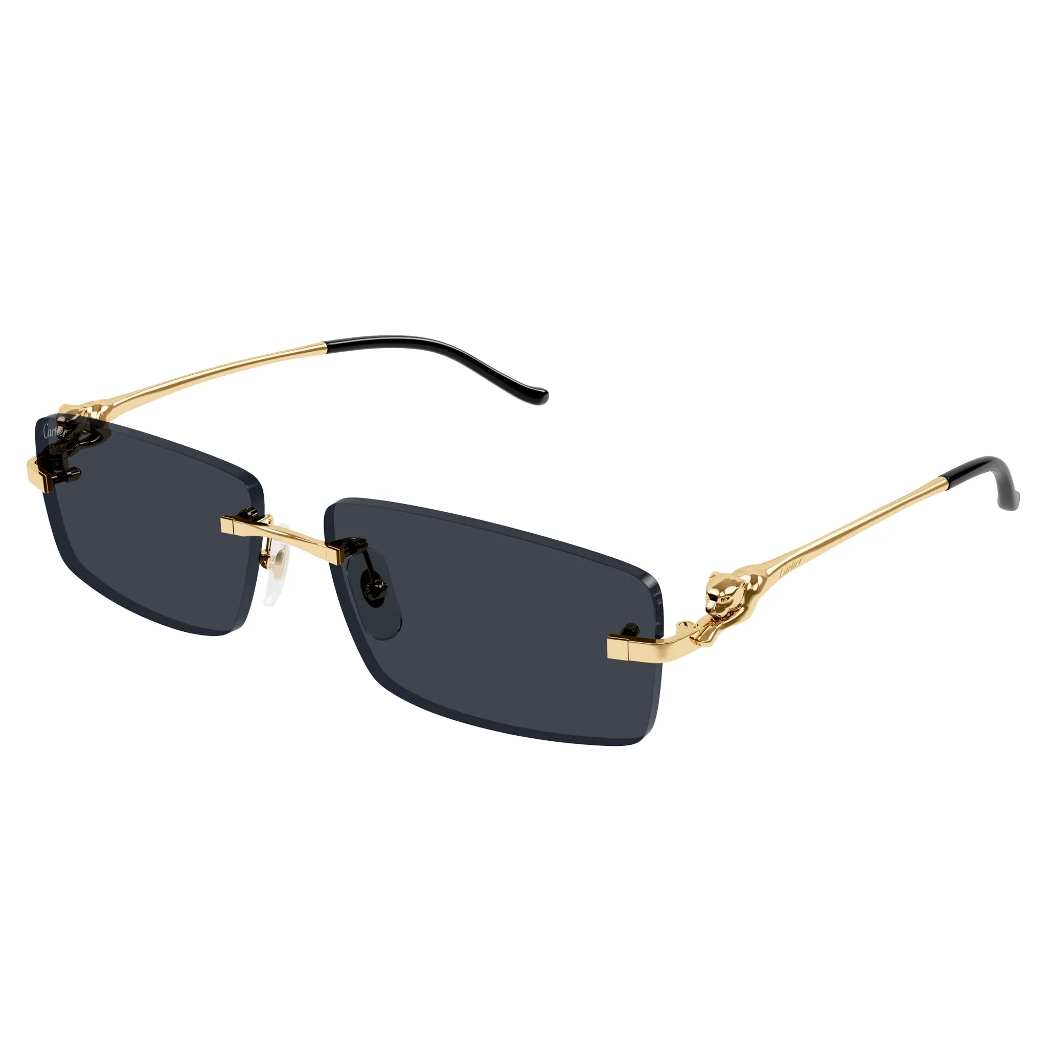 Front side view of Cartier Eyewear CT0430S-001 Panthere De Cartier Gold Grey Rimless Sunglasses