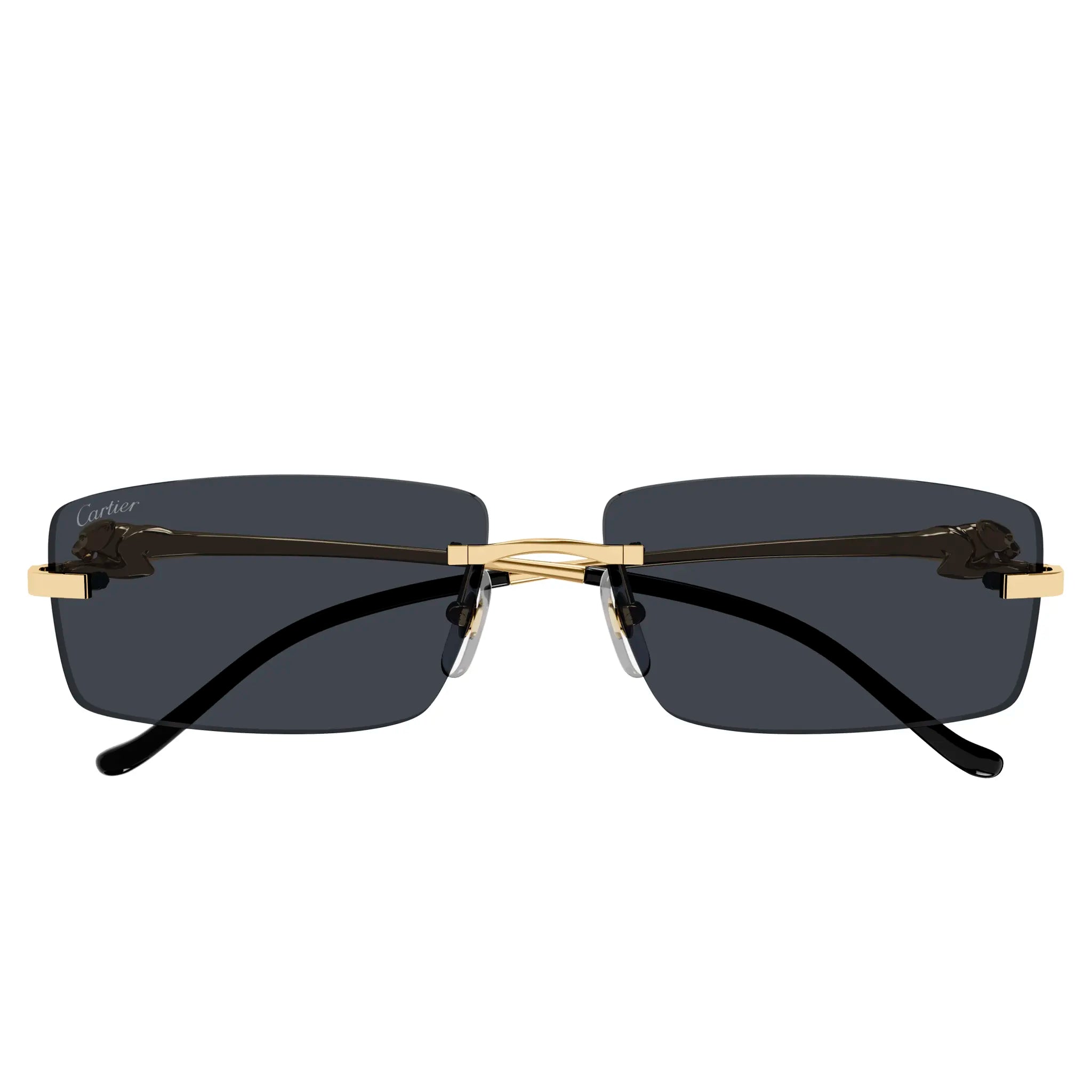 Front view of Cartier Eyewear CT0430S-001 Panthere De Cartier Gold Grey Rimless Sunglasses 