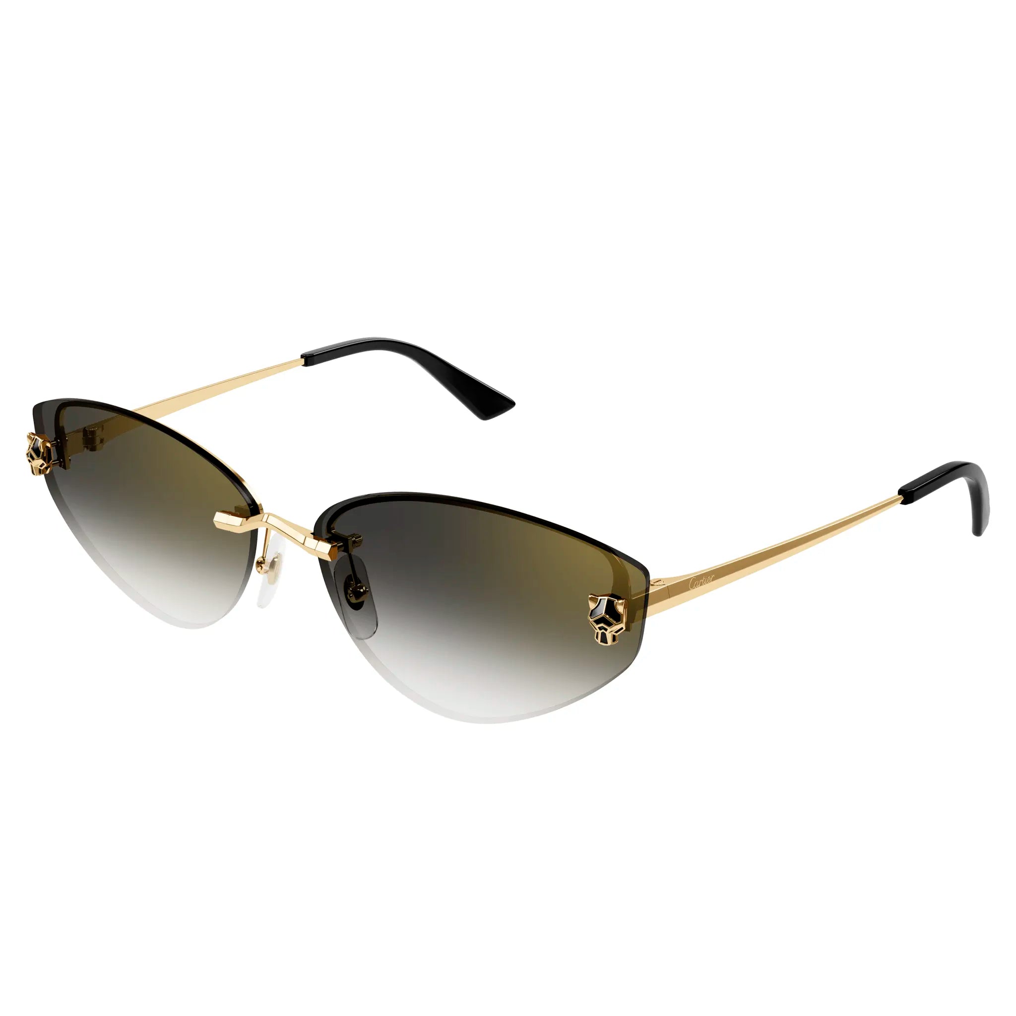 Front side view of Cartier Eyewear CT0431S-001 Panthere De Cartier Gold Grey Sunglasses