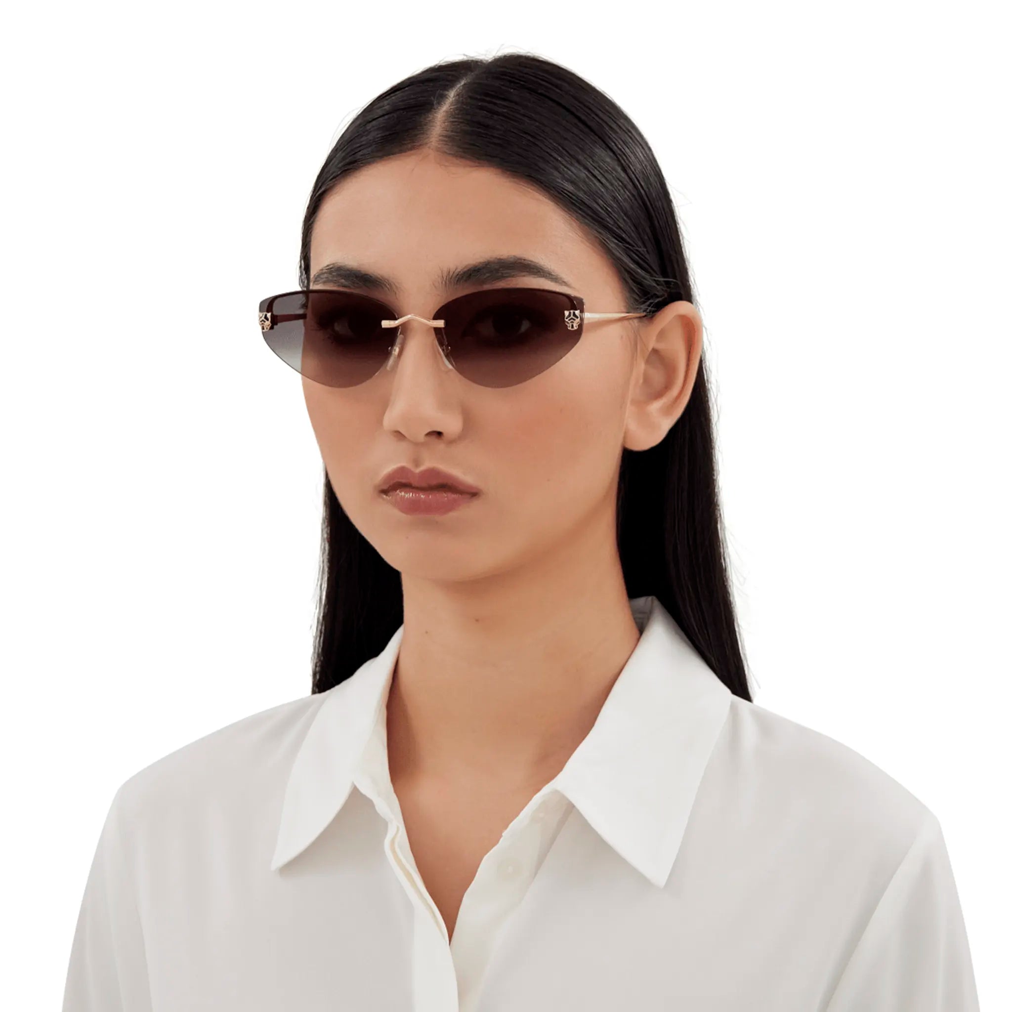 Model view of Cartier Eyewear CT0431S-001 Panthere De Cartier Gold Grey Sunglasses