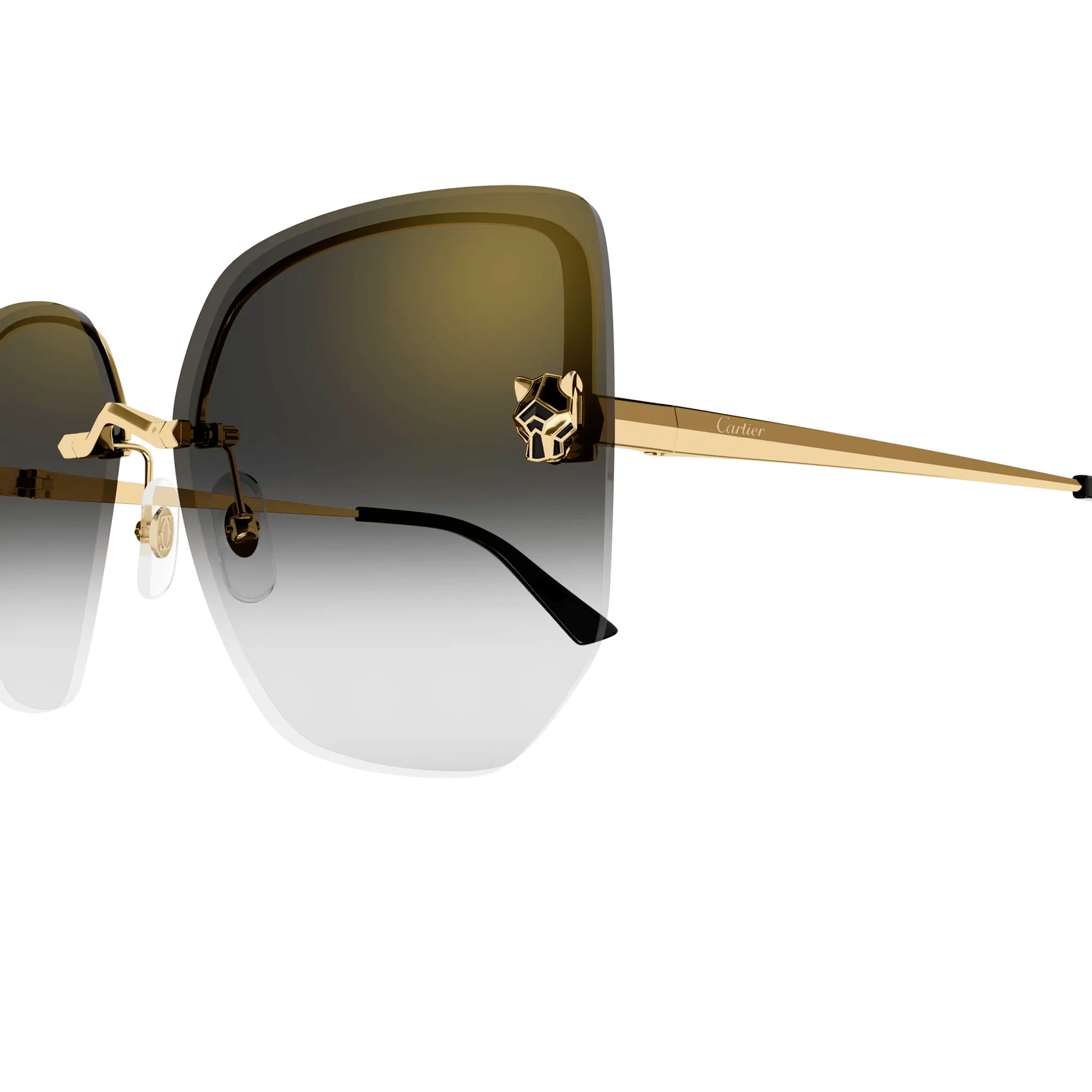 Detail view of Cartier Eyewear CT0432S-001 Panthere De Cartier Gold Grey Rimless Sunglasses