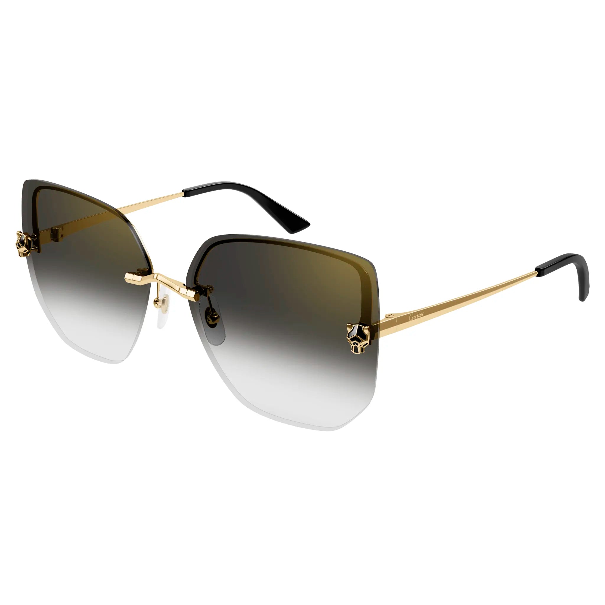 Front side view of Cartier Eyewear CT0432S-001 Panthere De Cartier Gold Grey Rimless Sunglasses