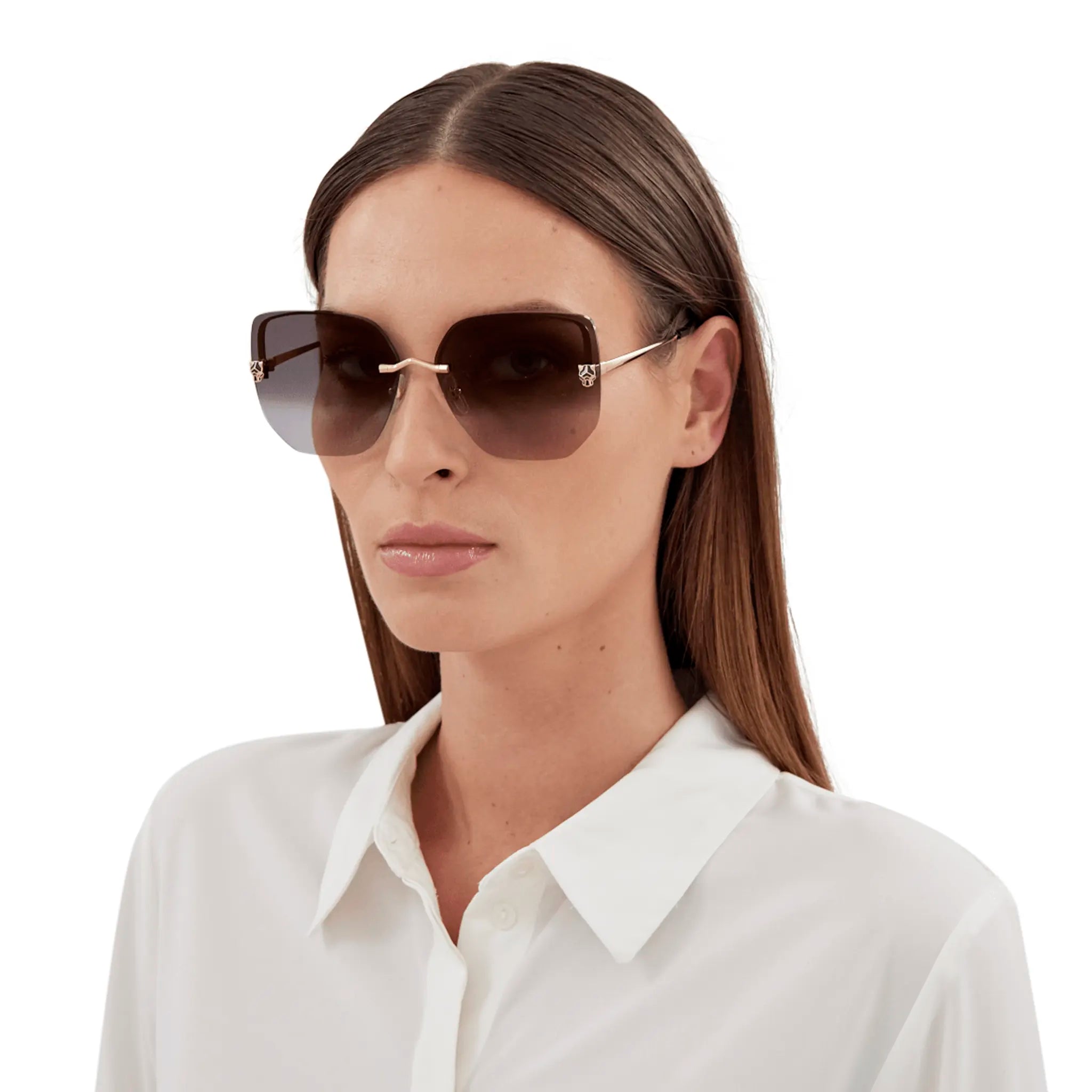 Model view of Cartier Eyewear CT0432S-001 Panthere De Cartier Gold Grey Rimless Sunglasses