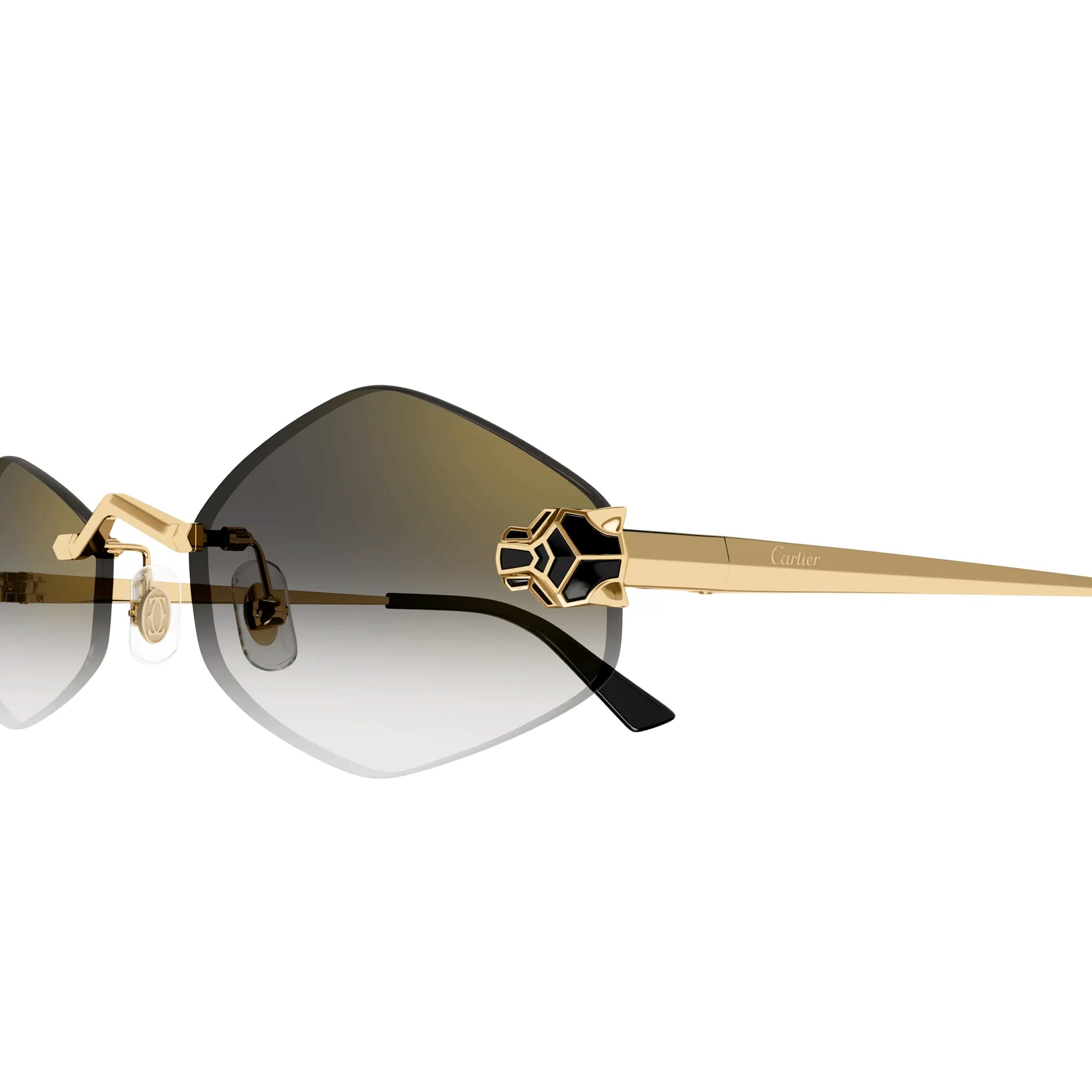 Detail view of Cartier Eyewear CT0433S-001 Panthere De Cartier Gold Grey Rimless Sunglasses