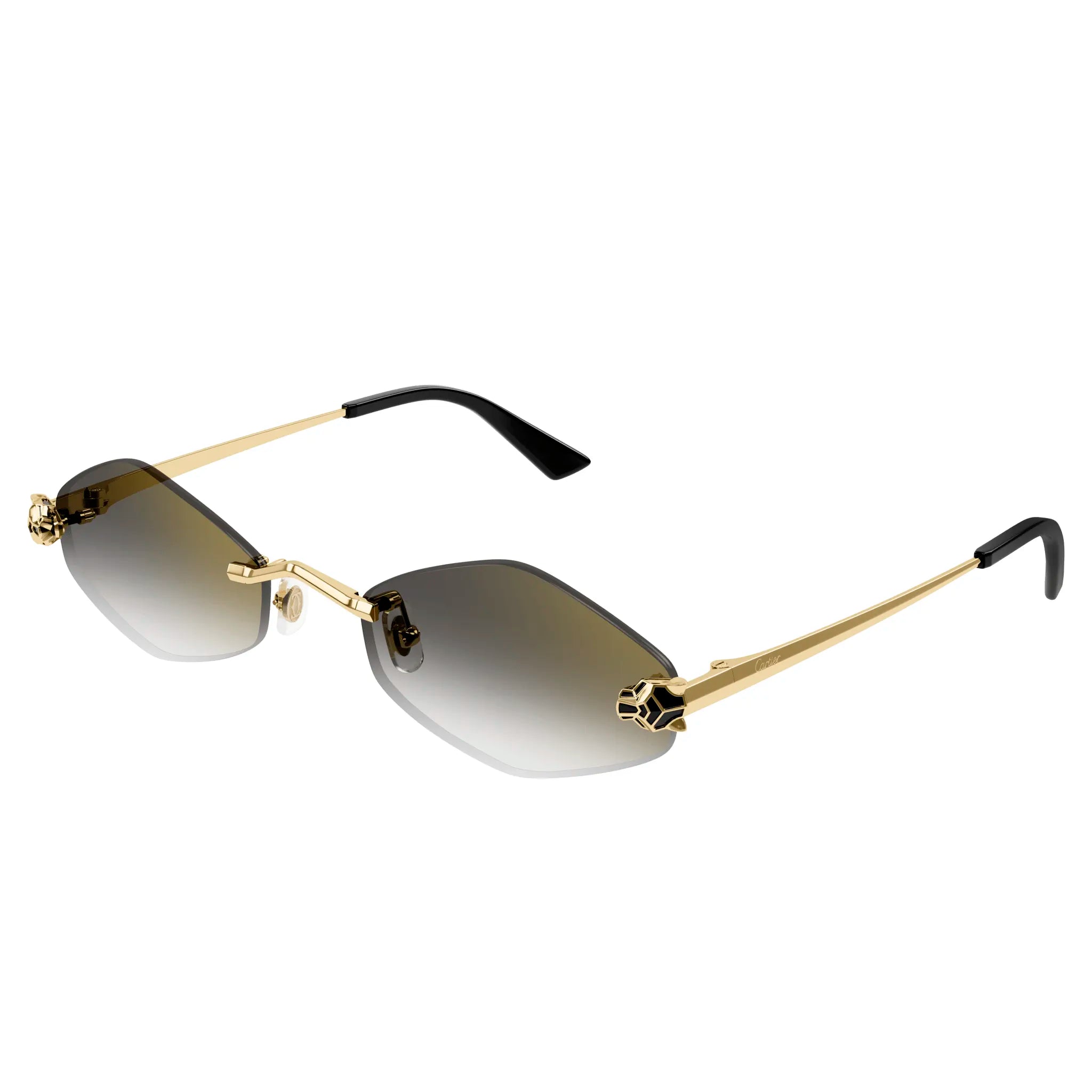 Front side view of Cartier Eyewear CT0433S-001 Panthere De Cartier Gold Grey Rimless Sunglasses