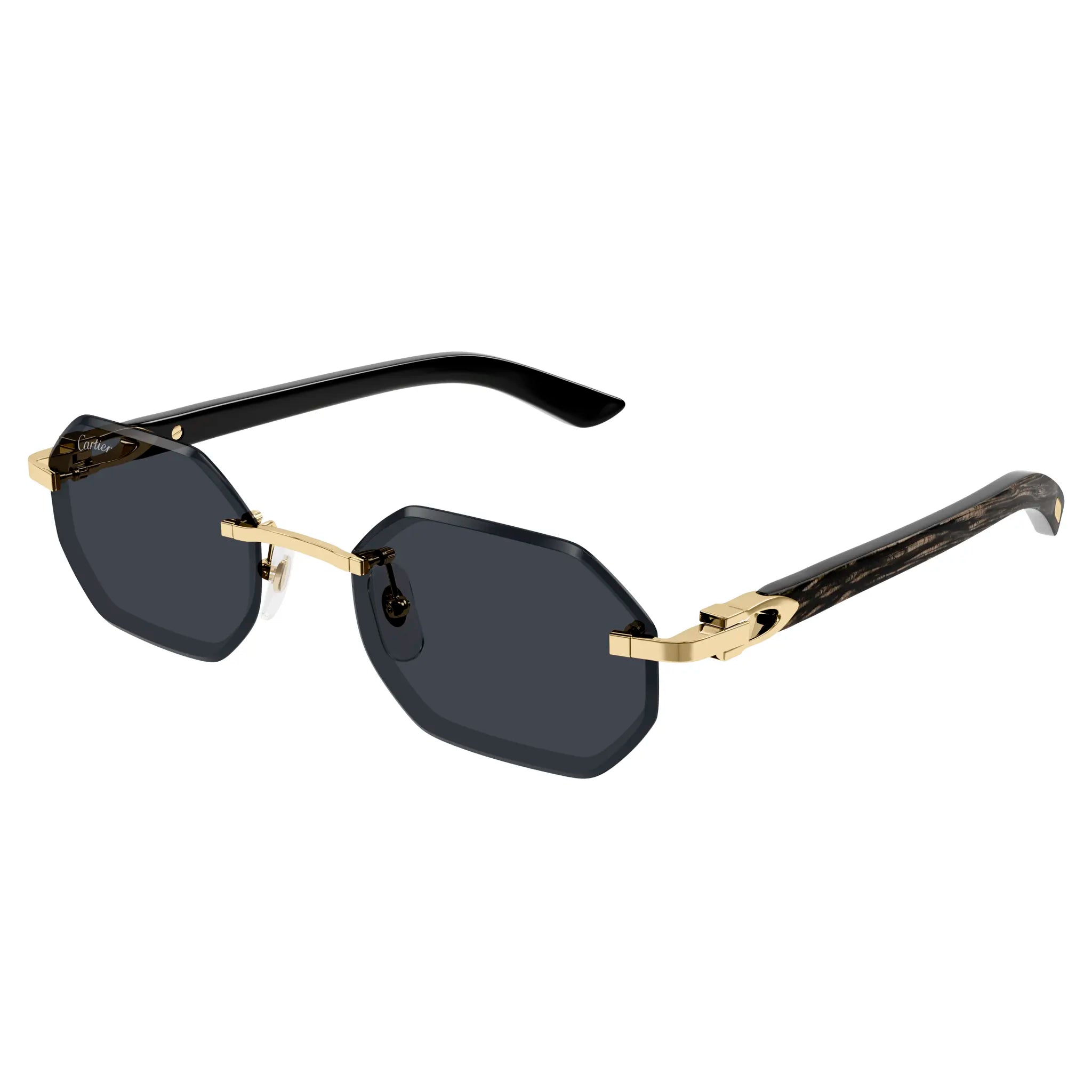 Front side view of Cartier Eyewear CT0439S-001 Gold Grey Rimless Sunglasses