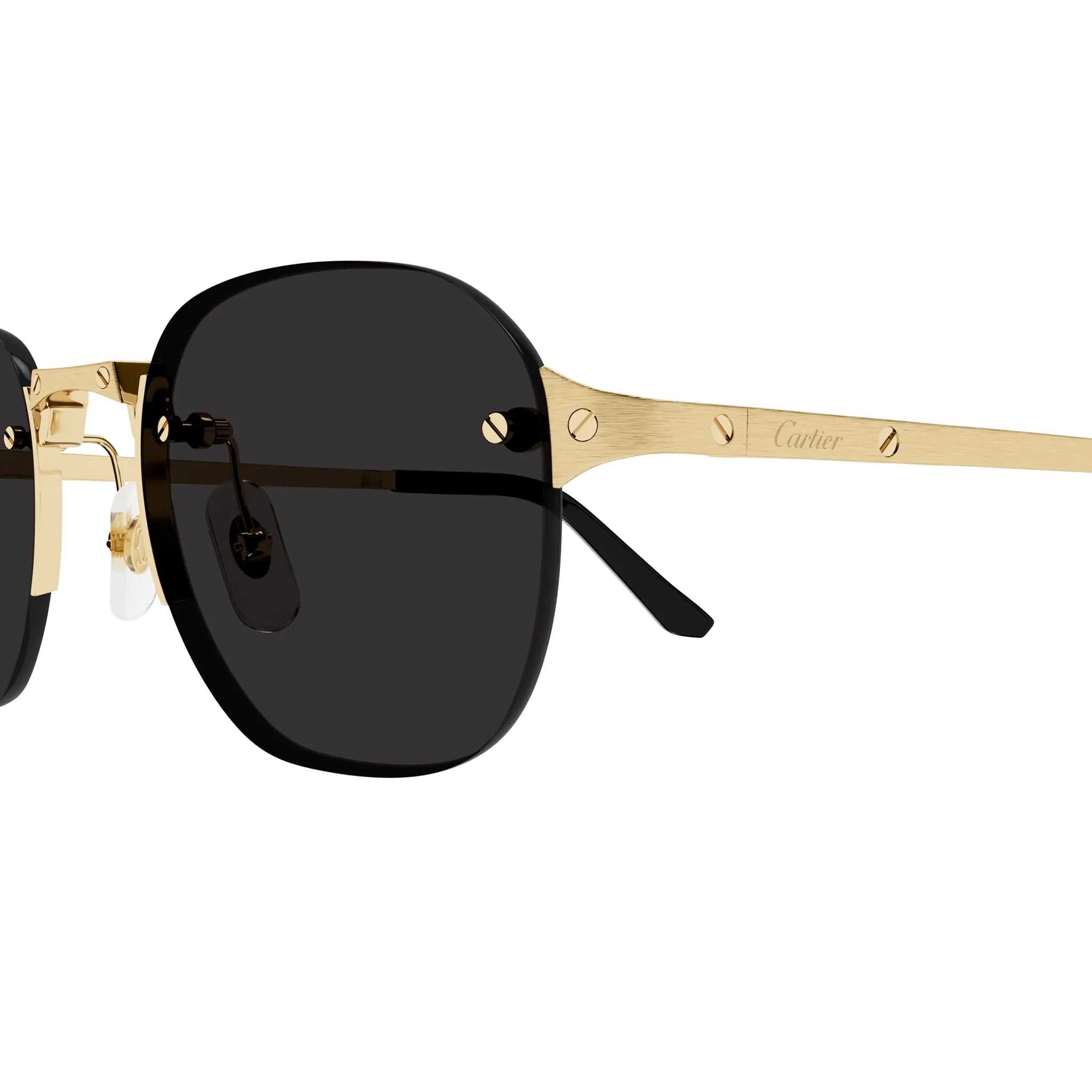 Close Up view of Cartier Eyewear CT0459S-001 Gold Grey Sunglasses