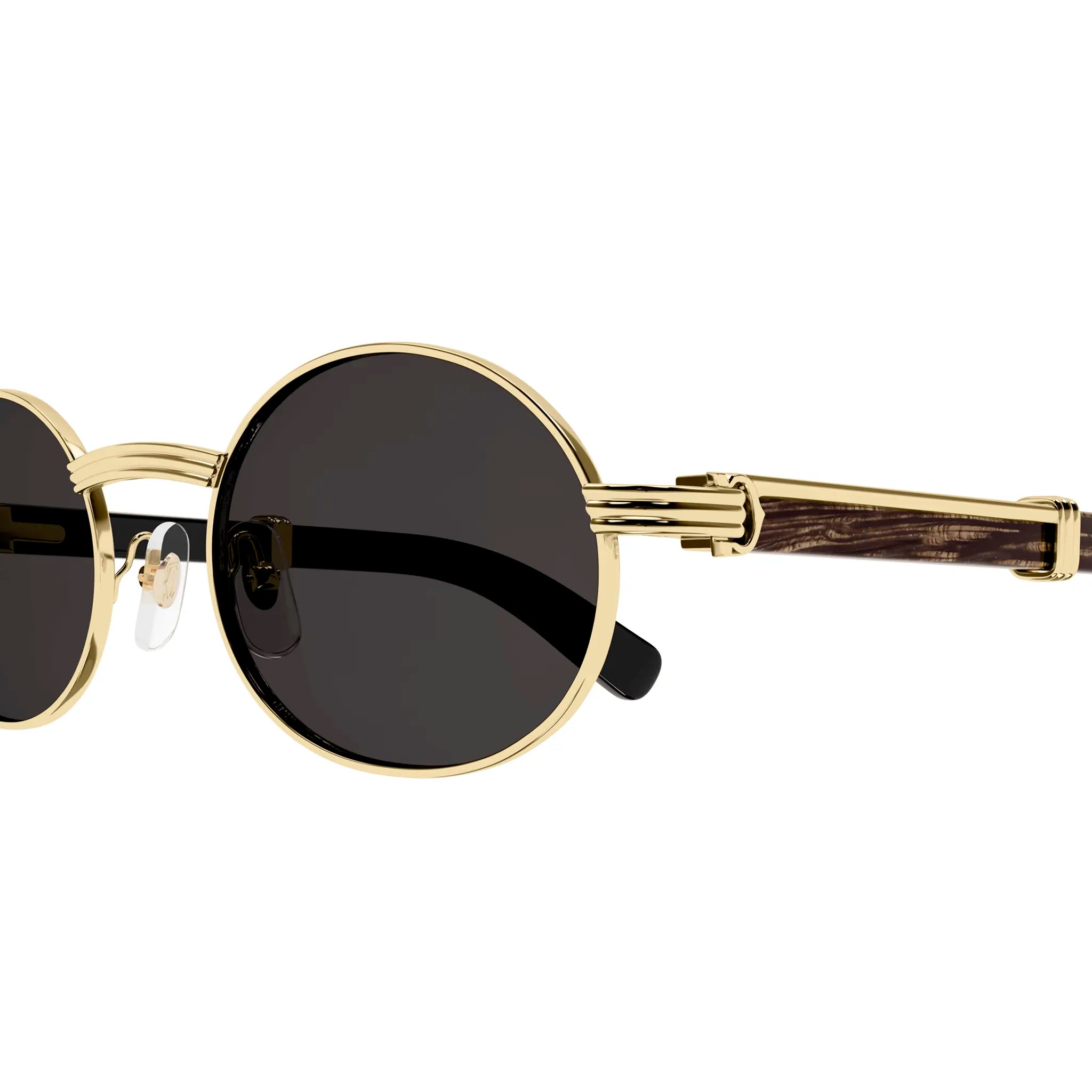 Close Up view of Cartier Eyewear CT0464S-001 Gold Grey Sunglasses