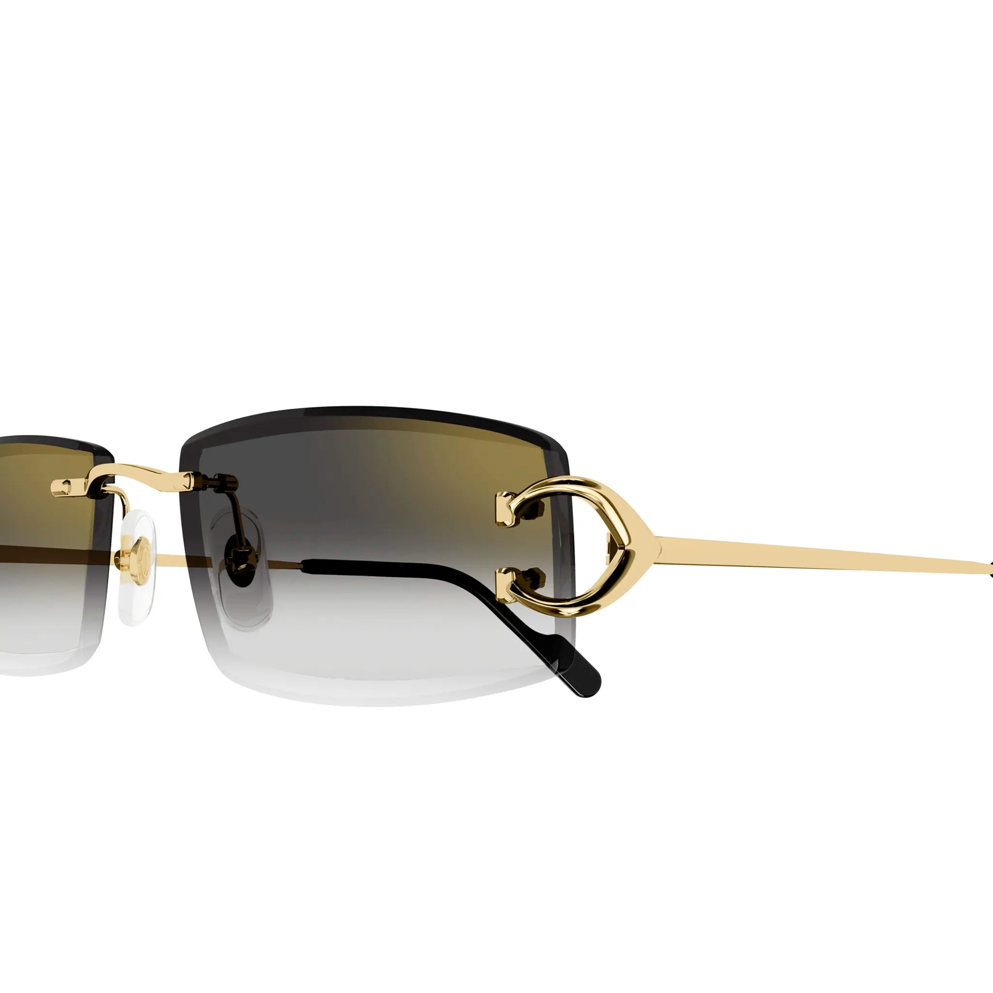 Close Up view of Cartier Eyewear CT0465S-001 Gold Grey Rimless Sunglasses