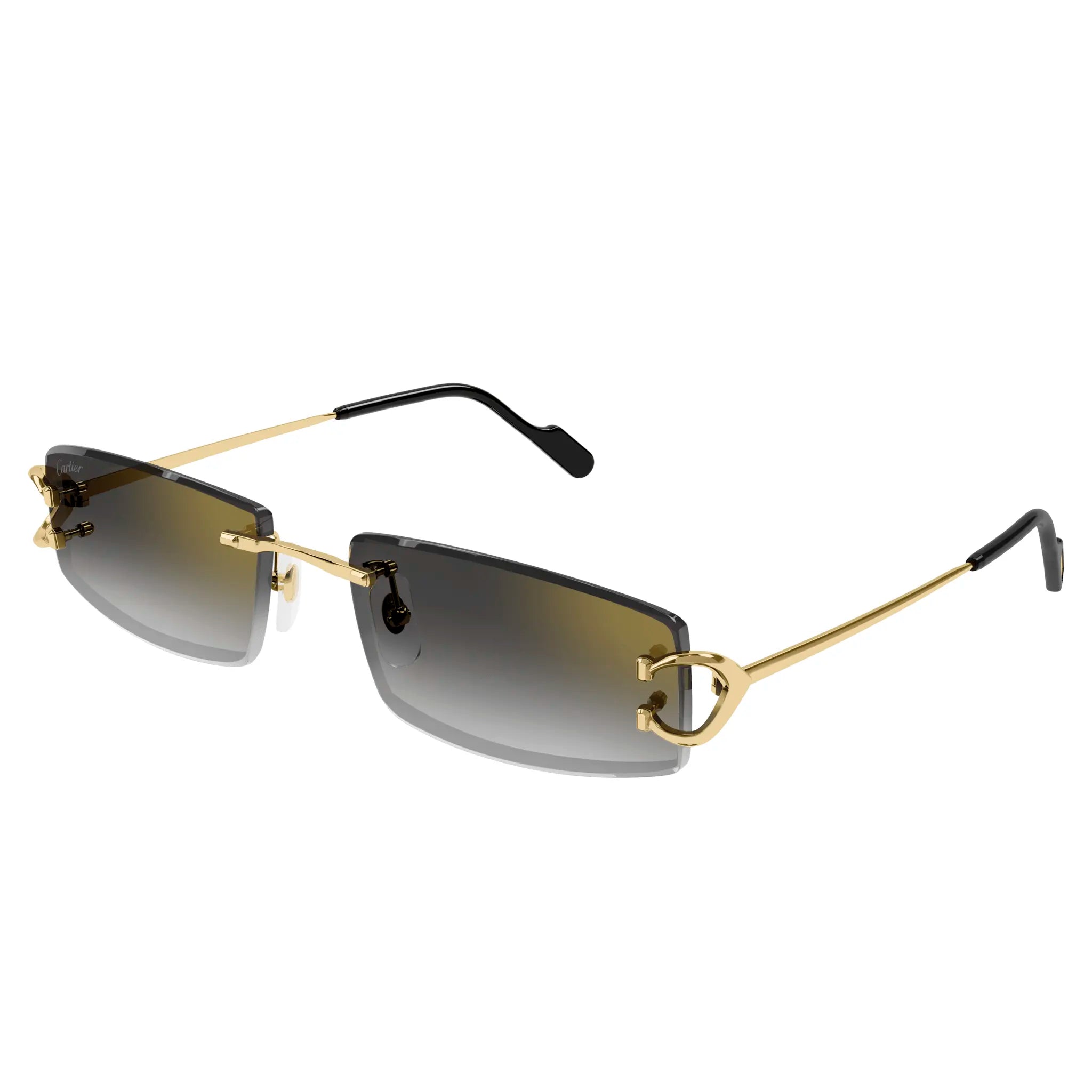Front Side view of Cartier Eyewear CT0465S-001 Gold Grey Rimless Sunglasses