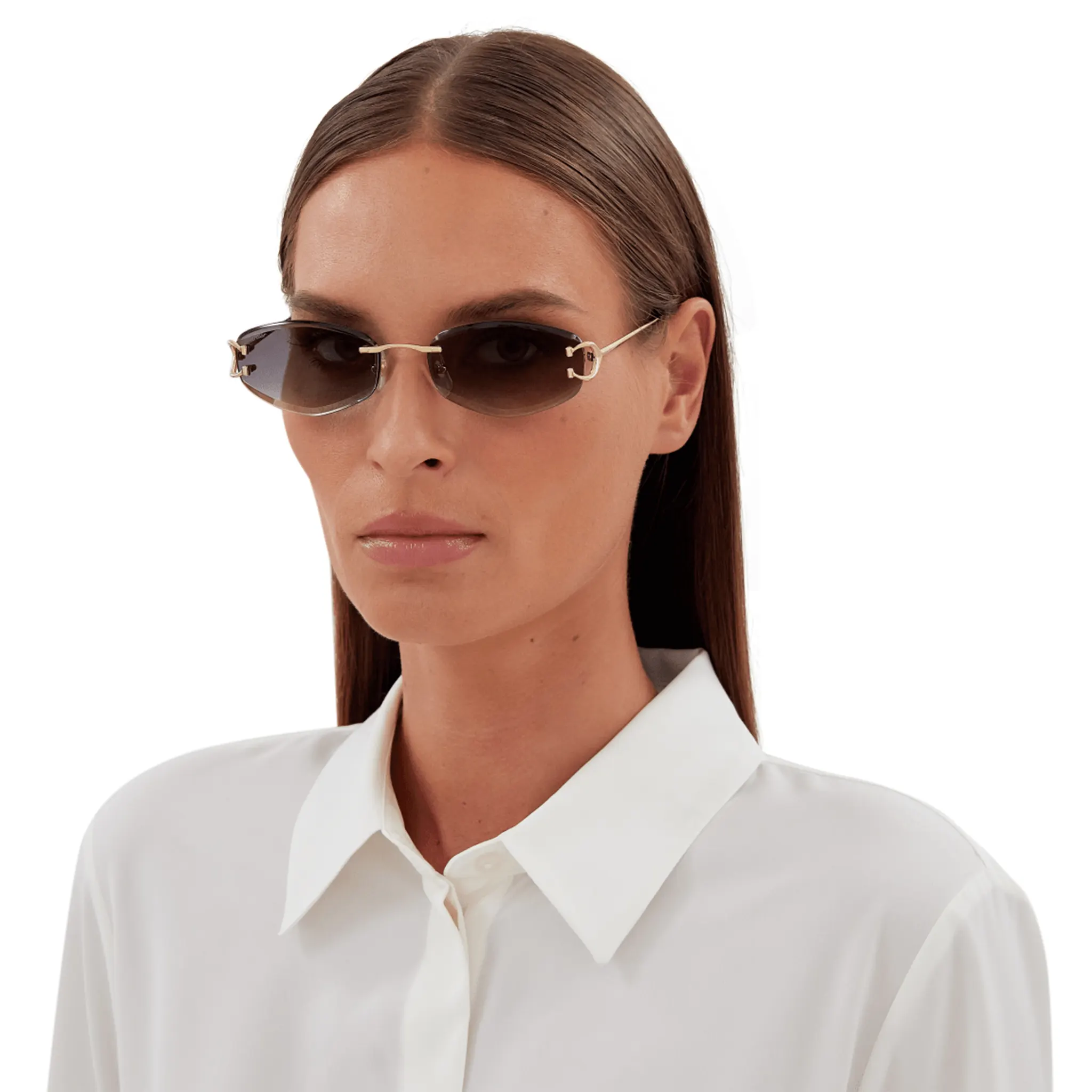 Model view of Cartier Eyewear CT0467S-001 Gold Grey Sunglasses