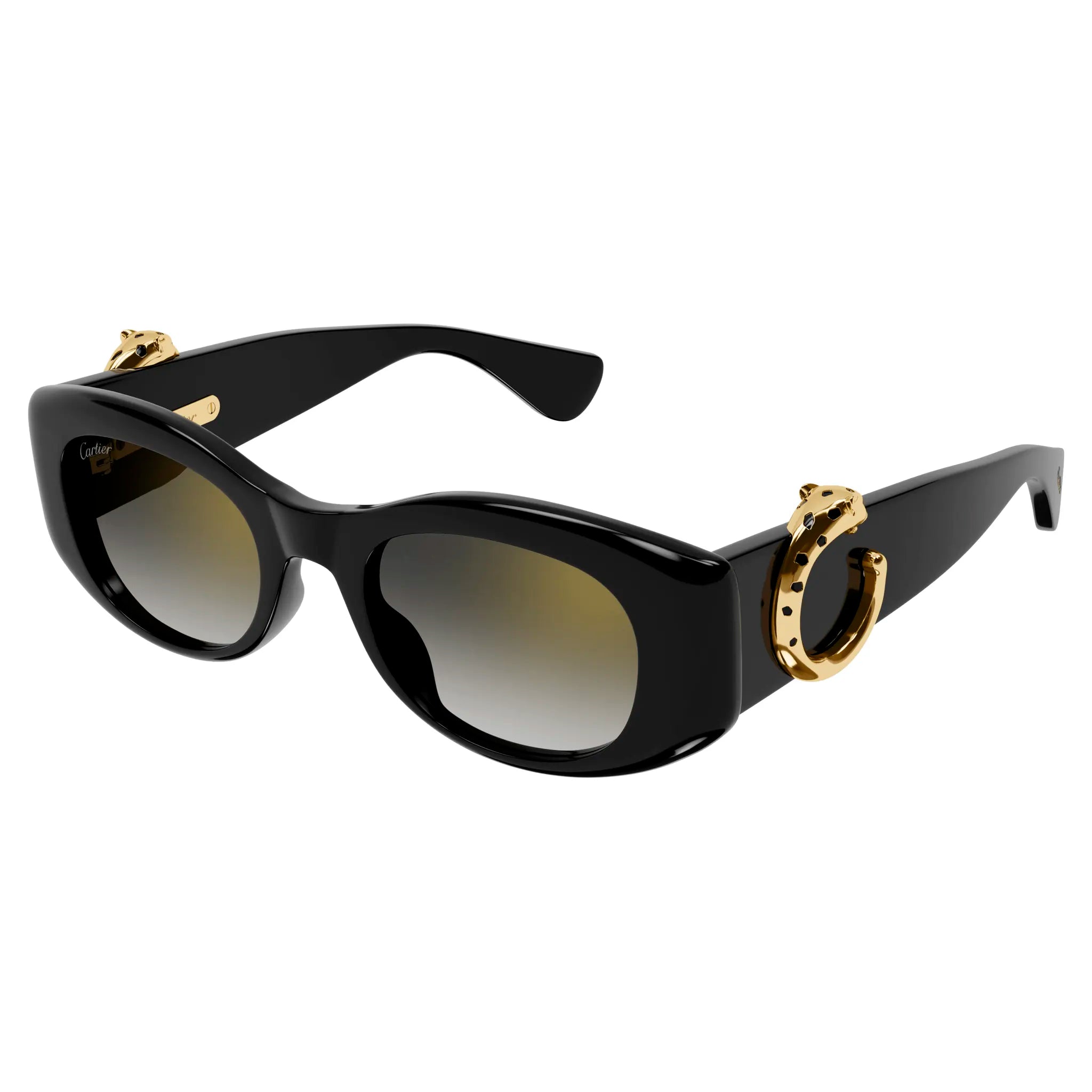 Front Side view of Cartier Eyewear CT0472S-001 C Panthere De Cartier Black Grey Sunglasses