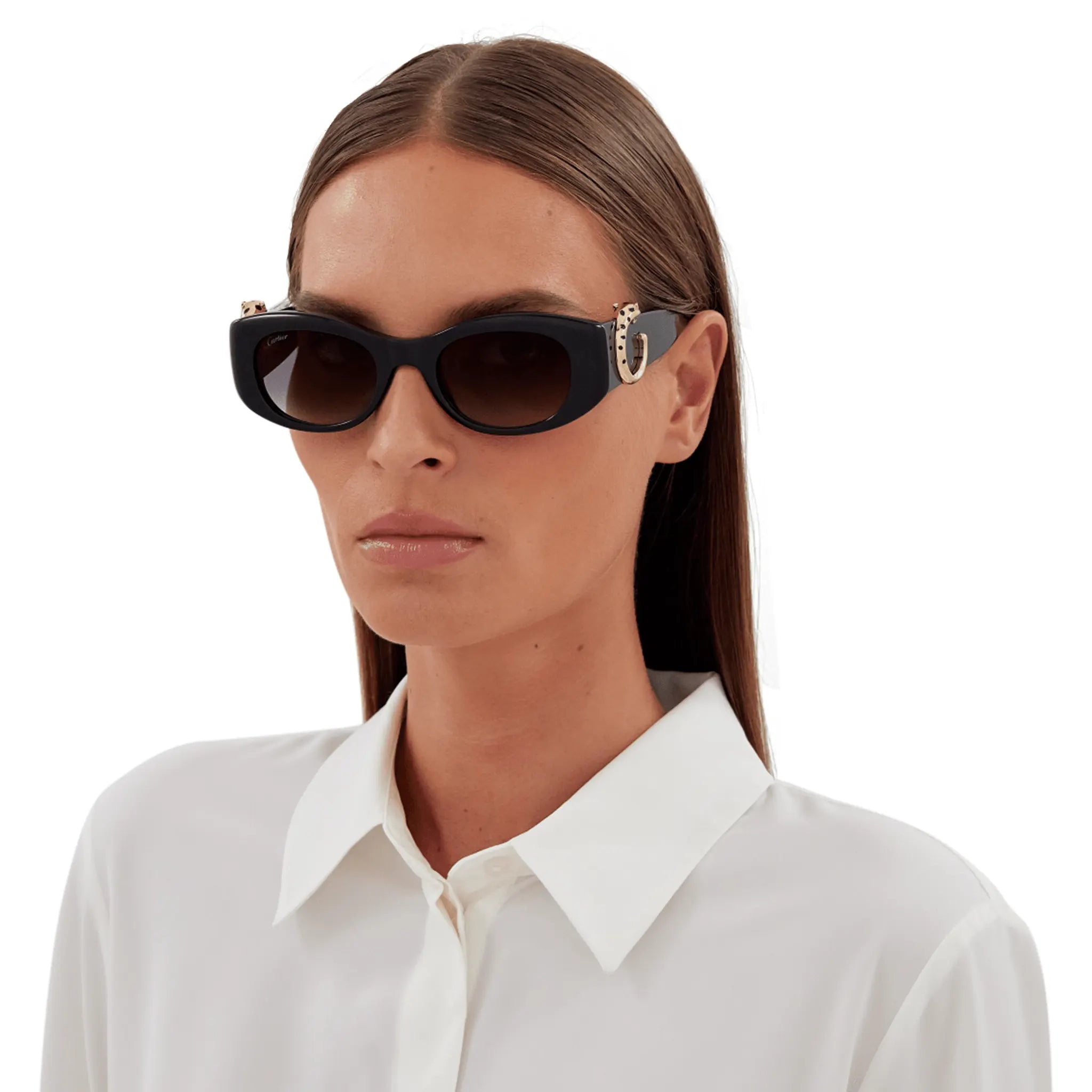 Model view of Cartier Eyewear CT0472S-001 C Panthere De Cartier Black Grey Sunglasses