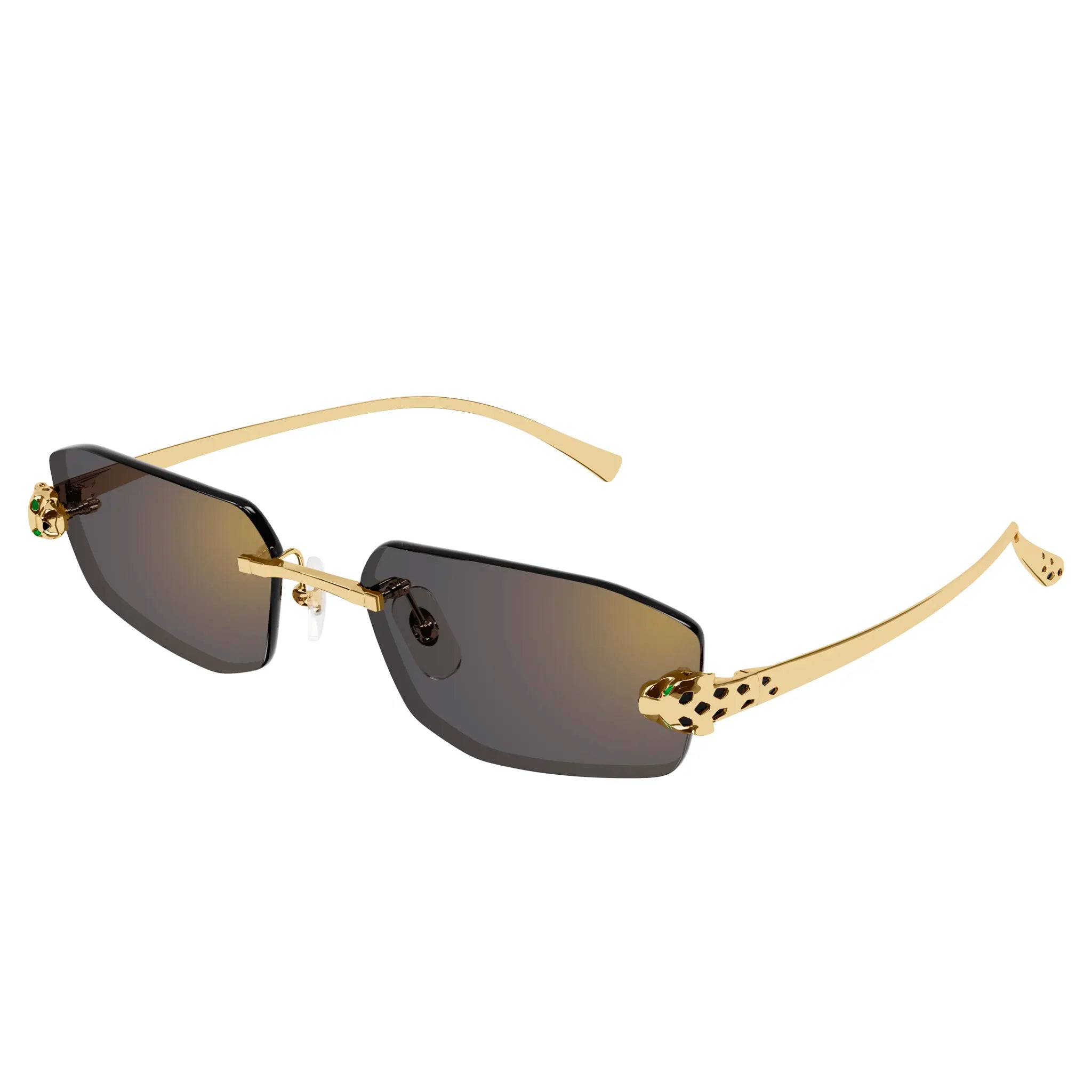 Front Side view of Cartier Eyewear CT0474S-001 Panthere De Cartier Gold Grey Rimless Sunglasses