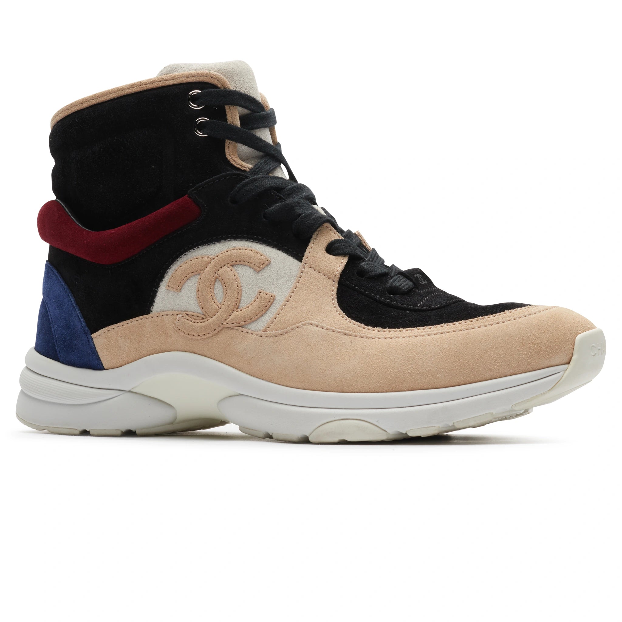 Front side view of Chanel CC Logo Black Burgundy Blue Beige Suede High Sneaker - Preloved