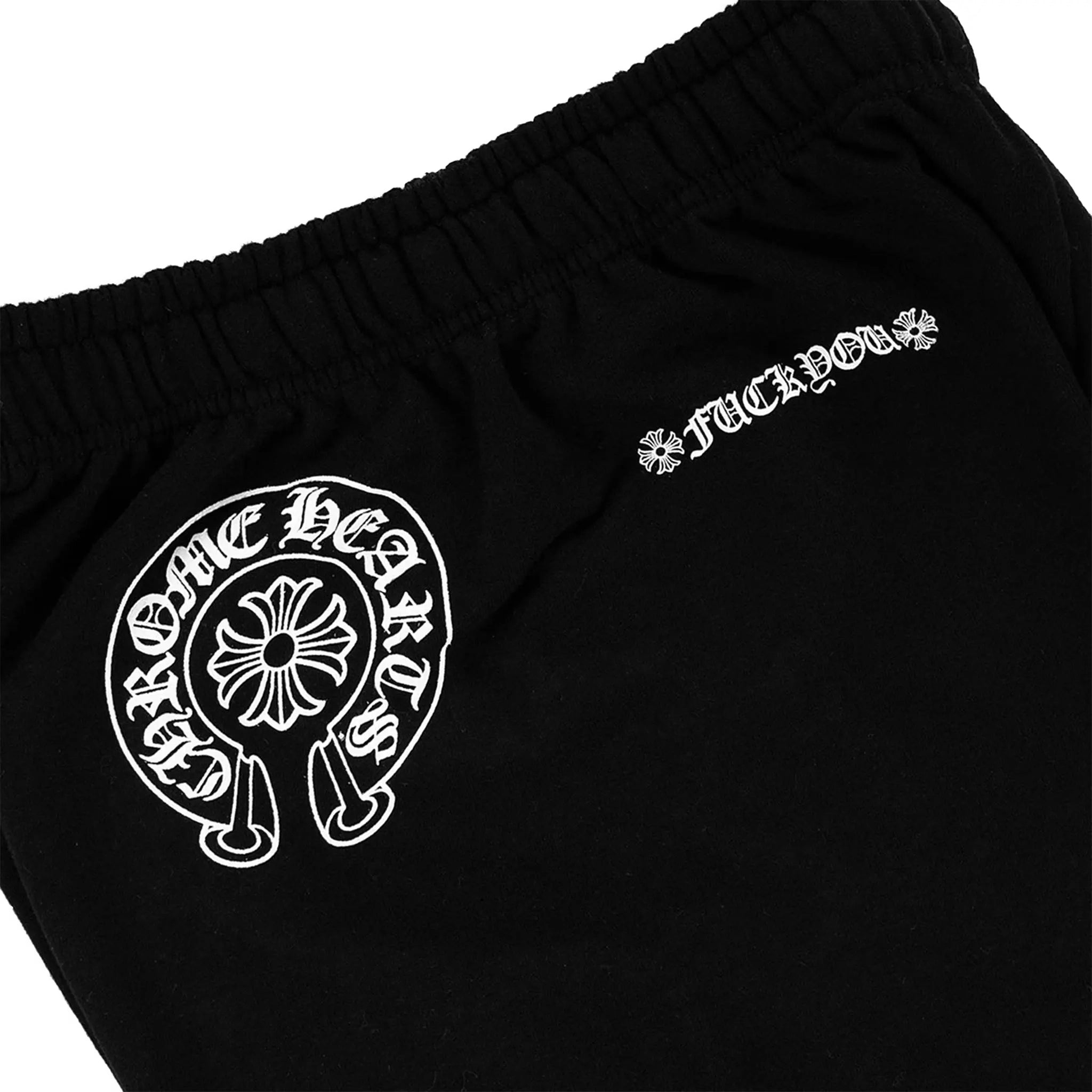 Detail view of Chrome Hearts Logo Drawstring Black Sweatpants 