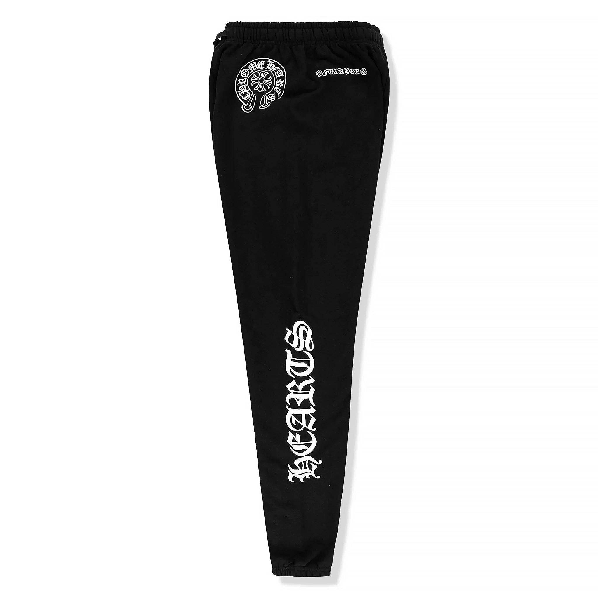 Side view of Chrome Hearts Logo Drawstring Black Sweatpants 