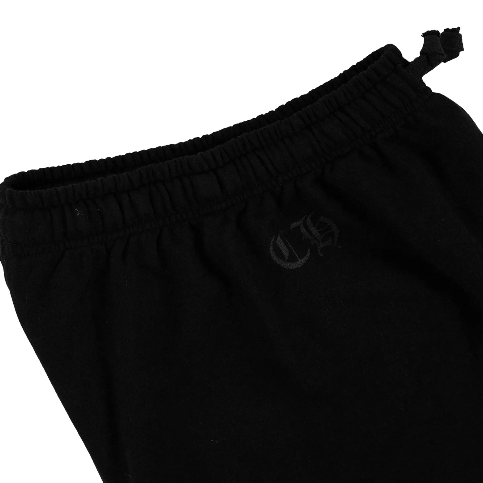 Detail view of Chrome Hearts Logo Drawstring Black Sweatpants 