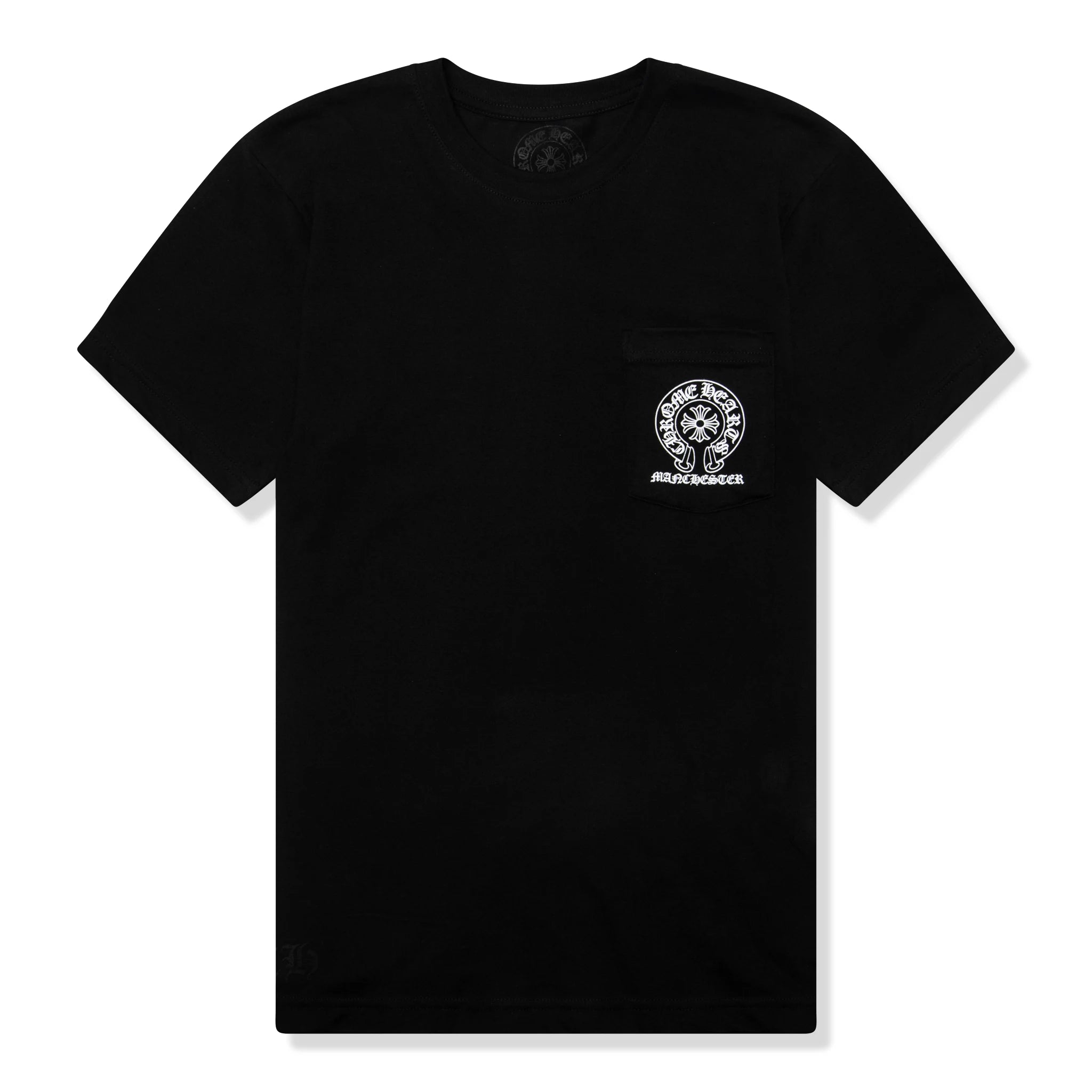Front view of Chrome Hearts Manchester Exclusive Horse Shoe Pocket Logo Black T Shirt
