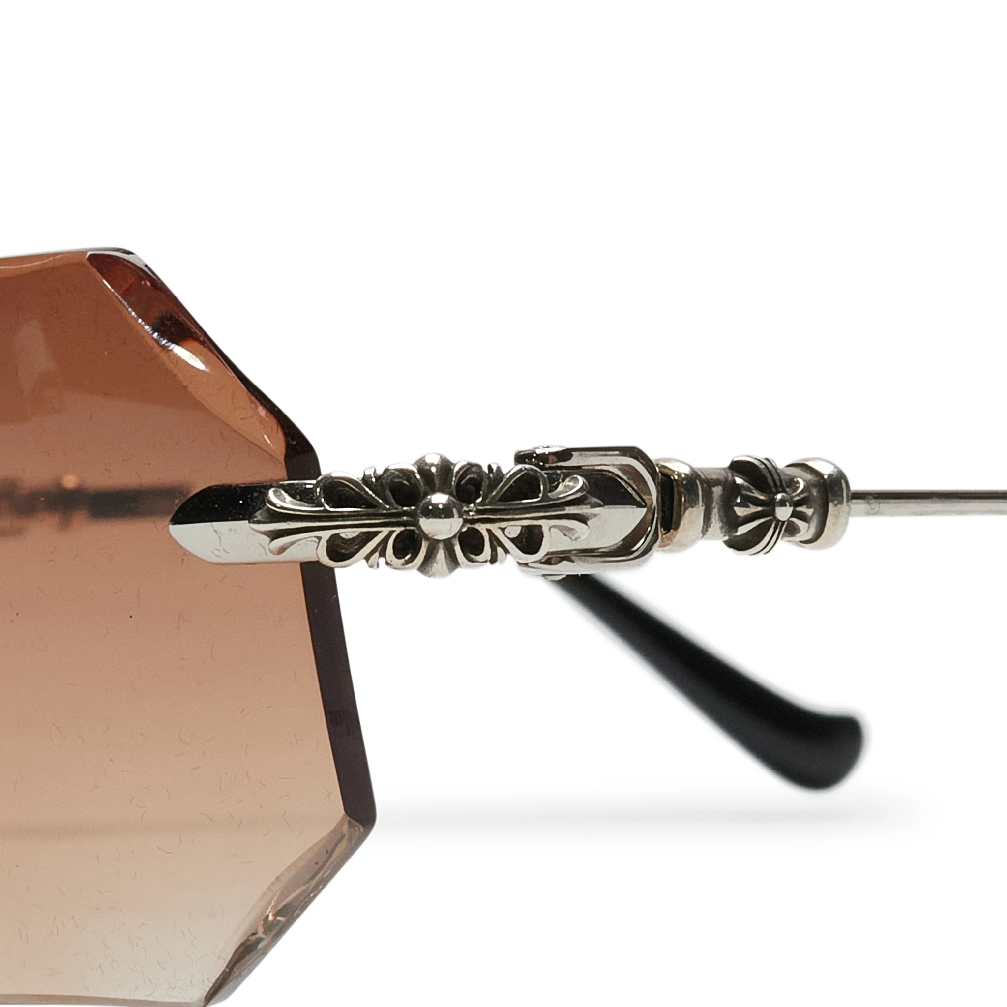 Detail view of Chrome Hearts Pills III Custom Silver Brown Diamond Cut Sunglasses