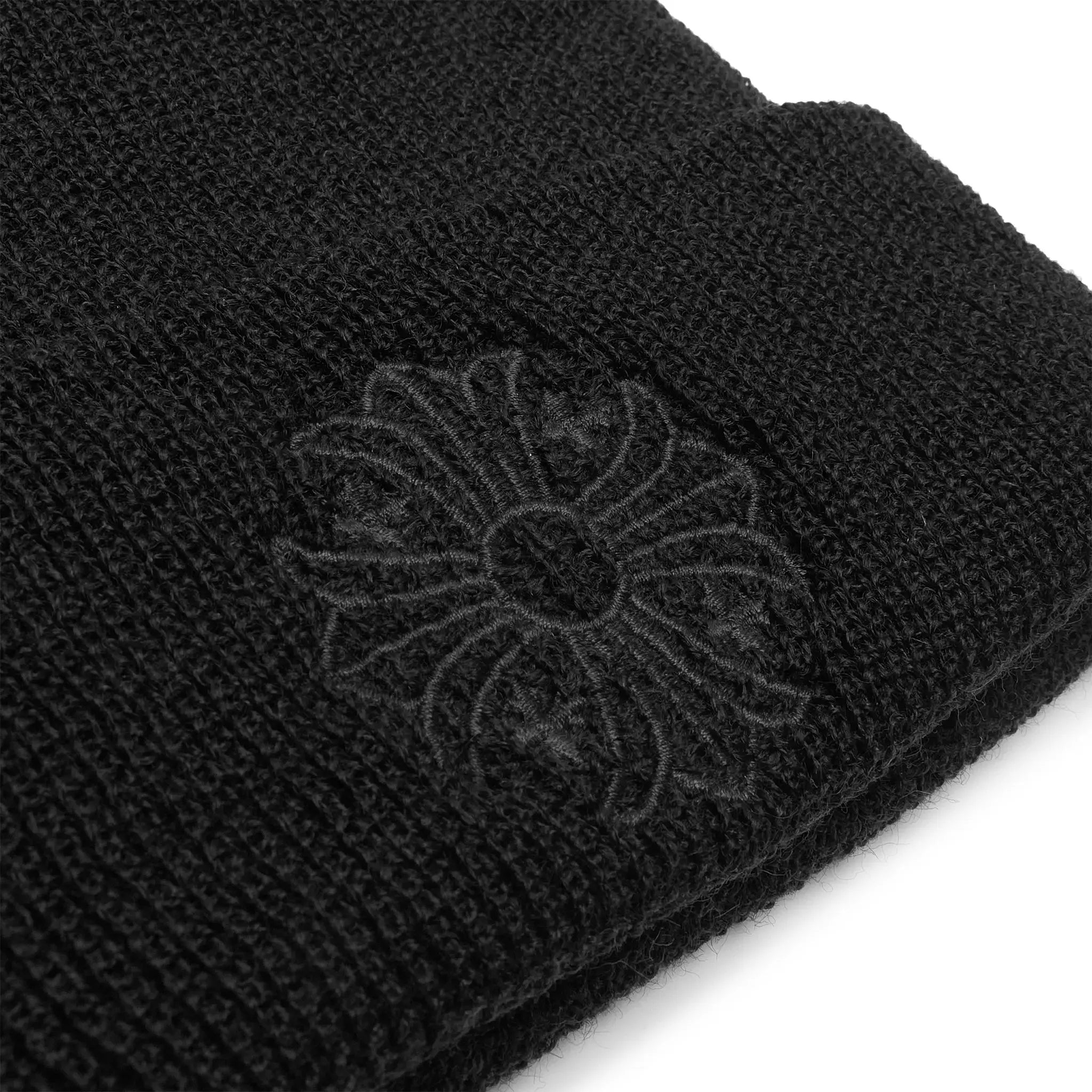 Front logo view of Chrome Hearts Plus Cross Black Beanie