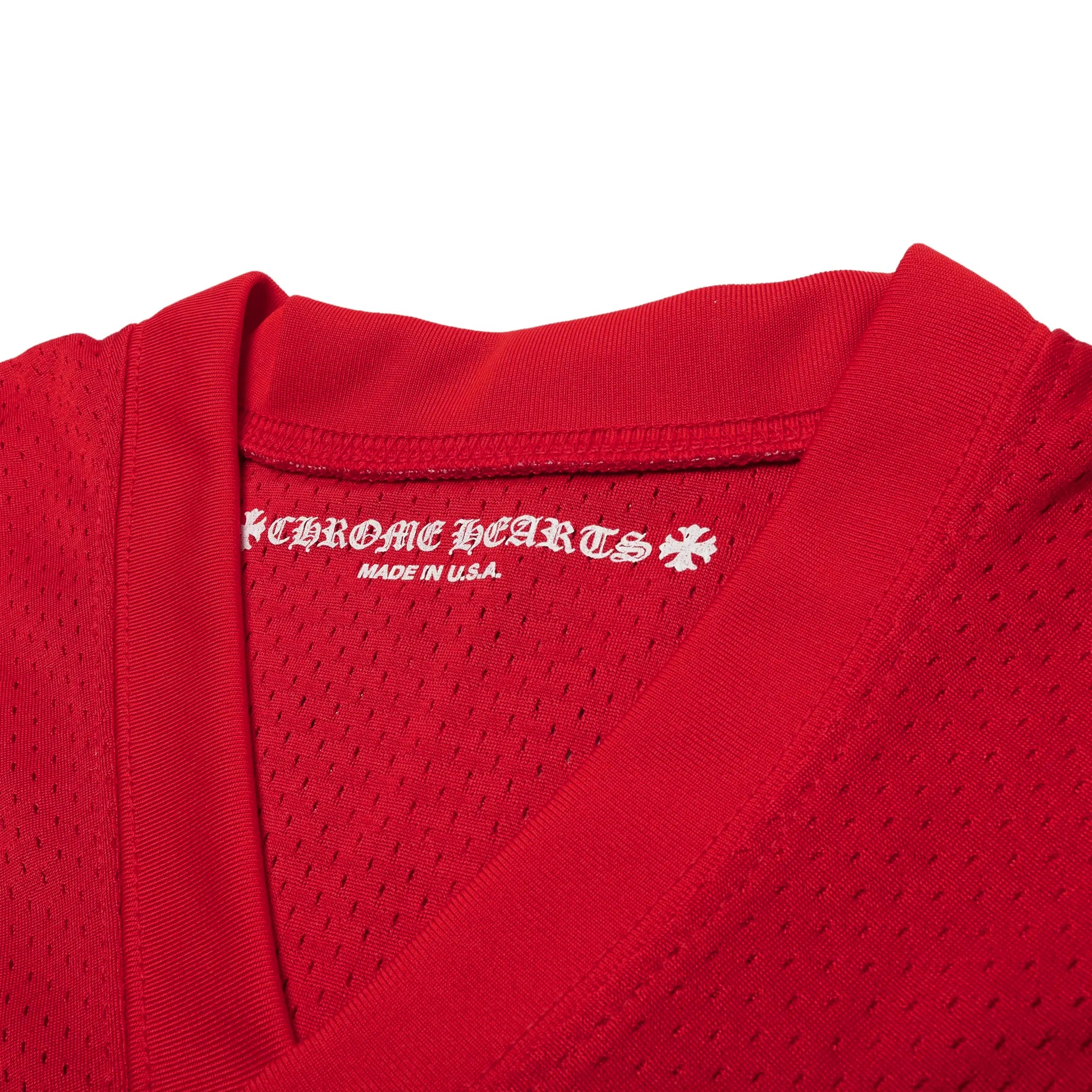 Neck view of Chrome Hearts Matty Boy Form Stadium Mesh Red Jersey