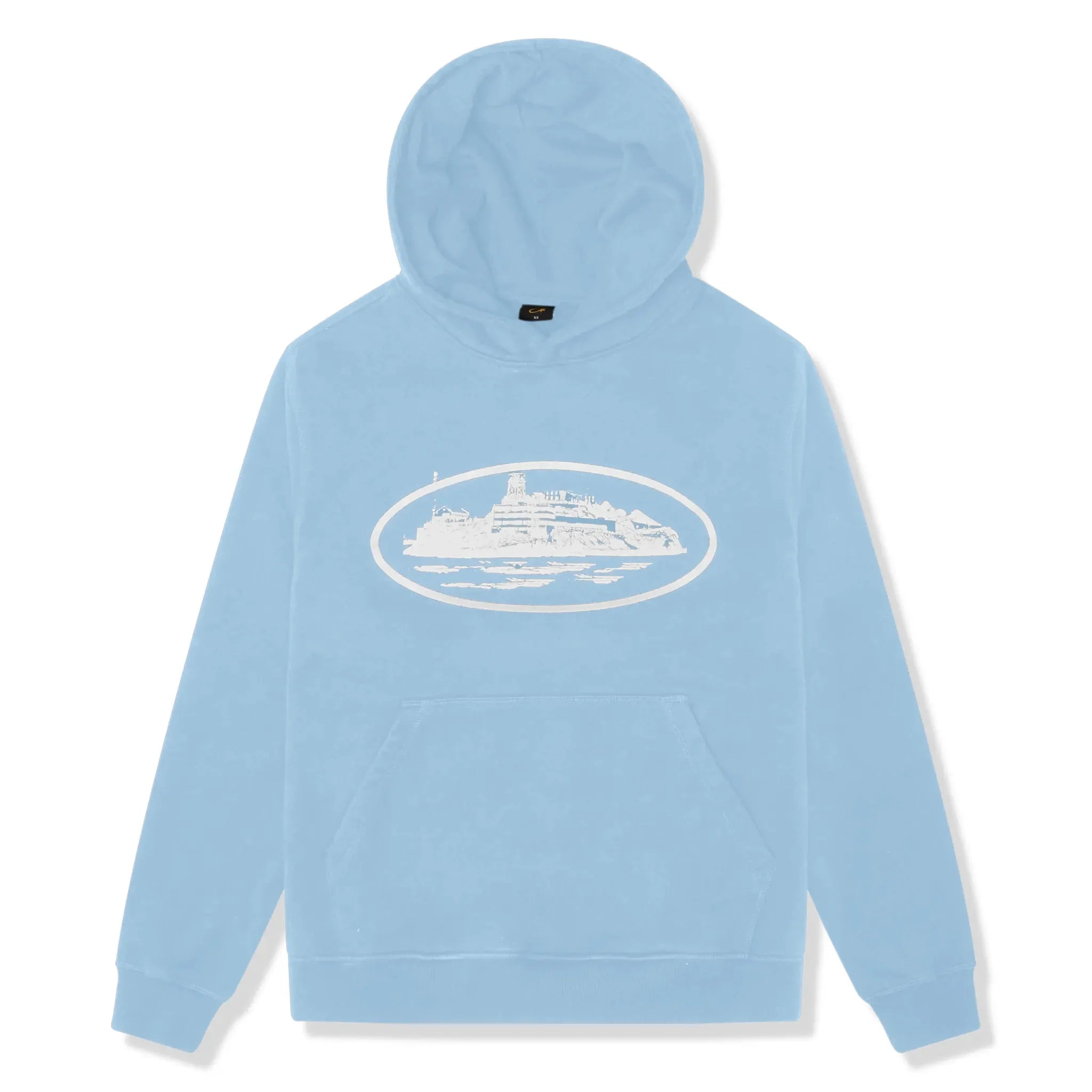 Front view of Corteiz Alcatraz Baby Blue Hoodie 