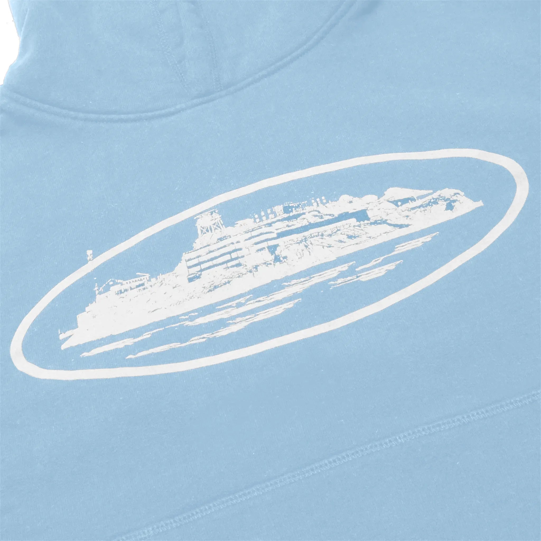 Front logo view of Corteiz Alcatraz Baby Blue Hoodie 