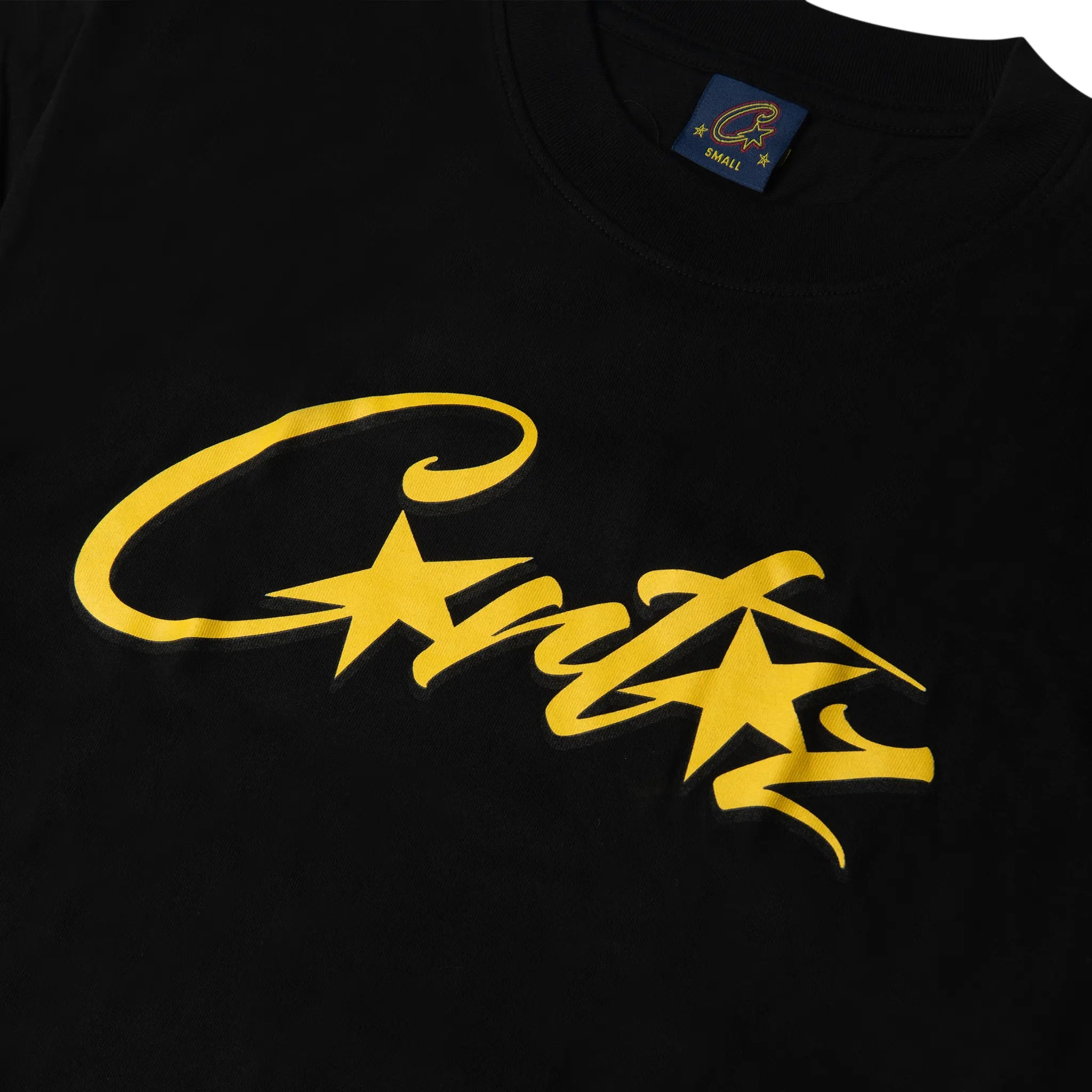 Detail view of Corteiz Allstarz Black Yellow T Shirt