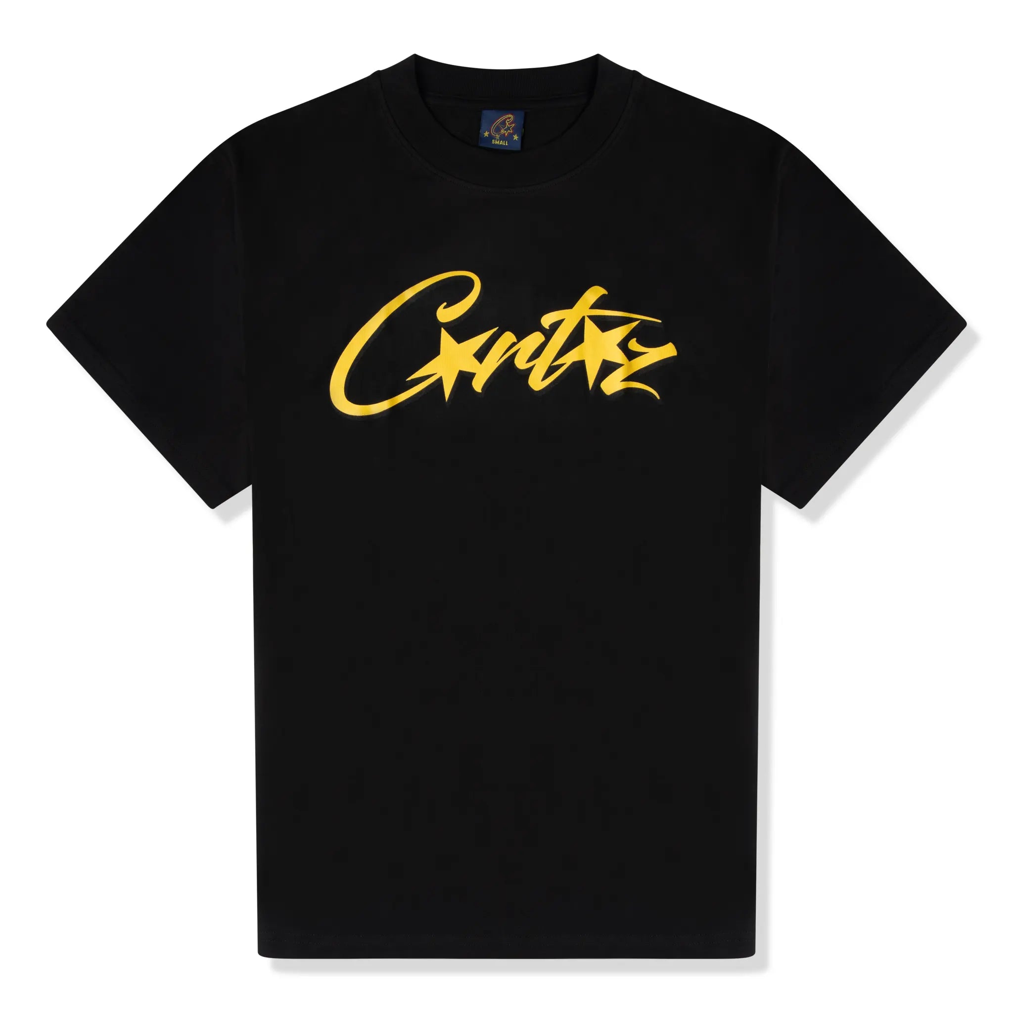 Front view of Corteiz Allstarz Black Yellow T Shirt