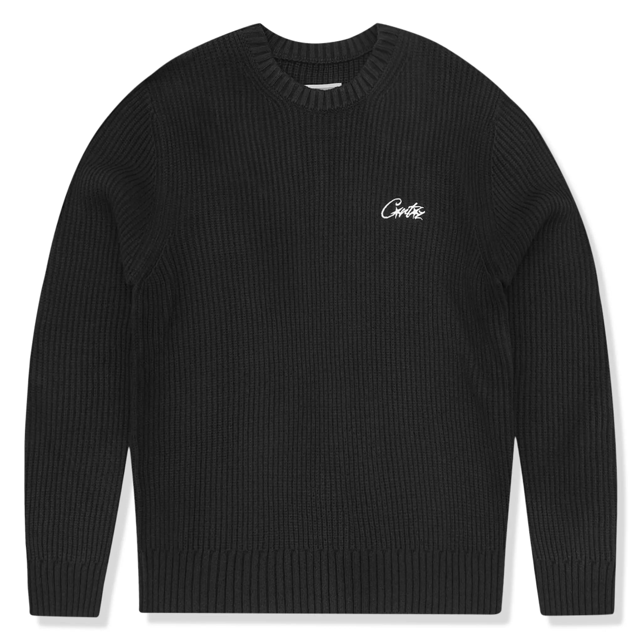 Front view of Corteiz Crochet Applique Knit Black Sweatshirt 