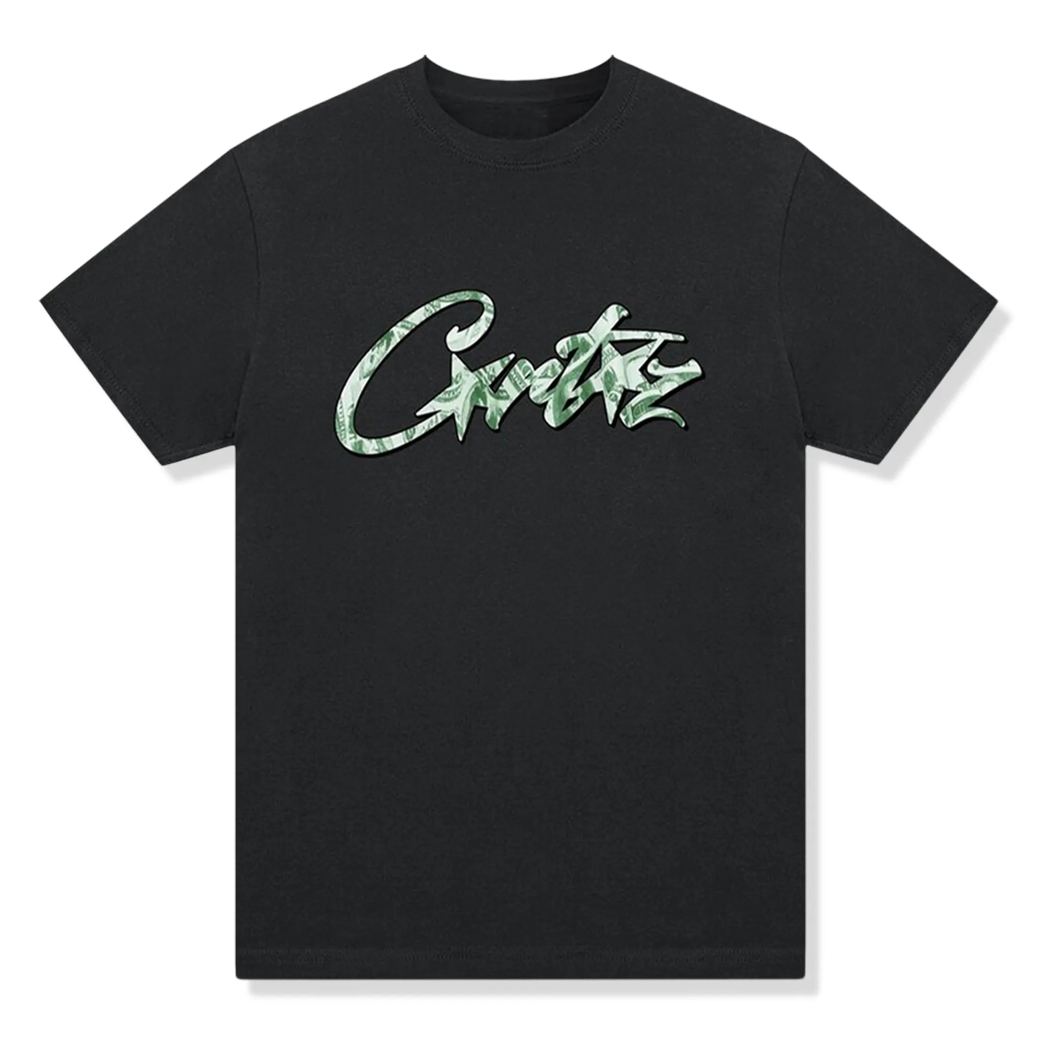Front view of Corteiz Dollar Black T Shirt 7892 1FW230103DT BLAC
