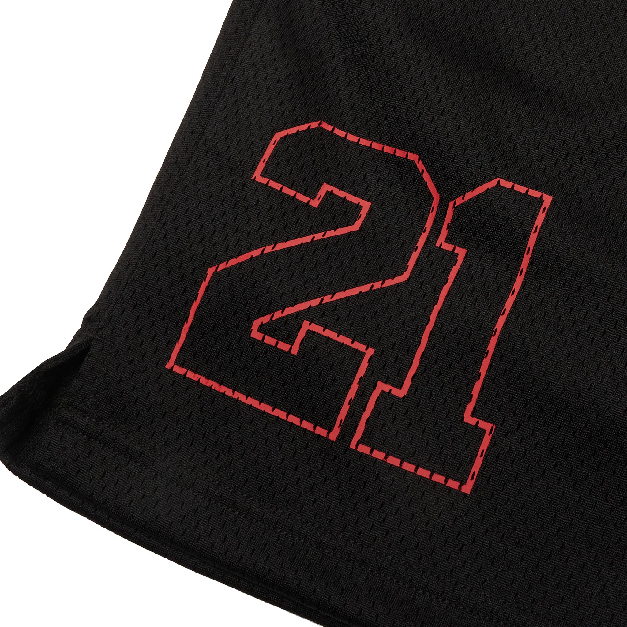 Close up view of Corteiz x Slaughter Gang 21 Savage Mesh Black Shorts 