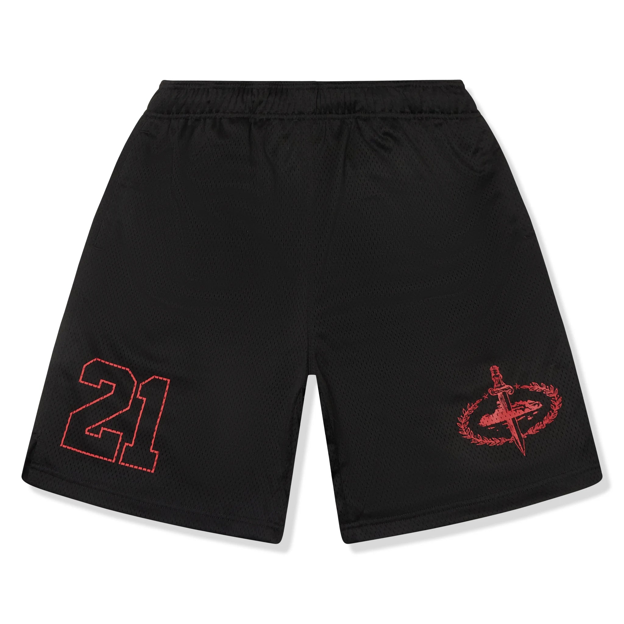 Front view of Corteiz x Slaughter Gang 21 Savage Mesh Black Shorts 