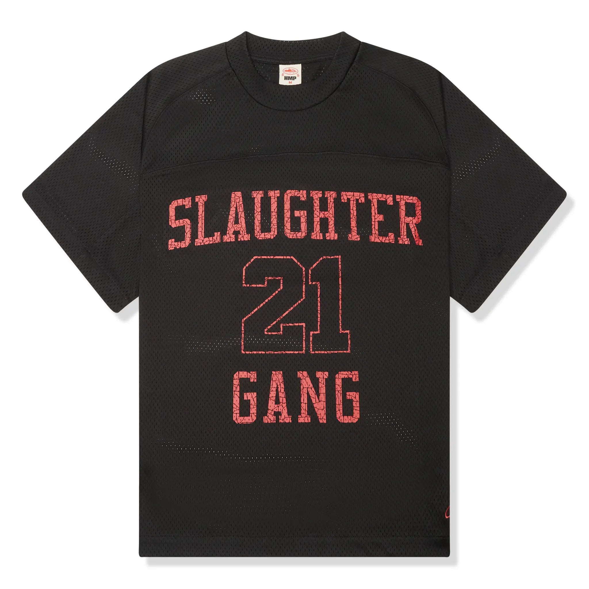 Front view of Corteiz x Slaughter Gang 21 Savage Mesh Black T Shirt 