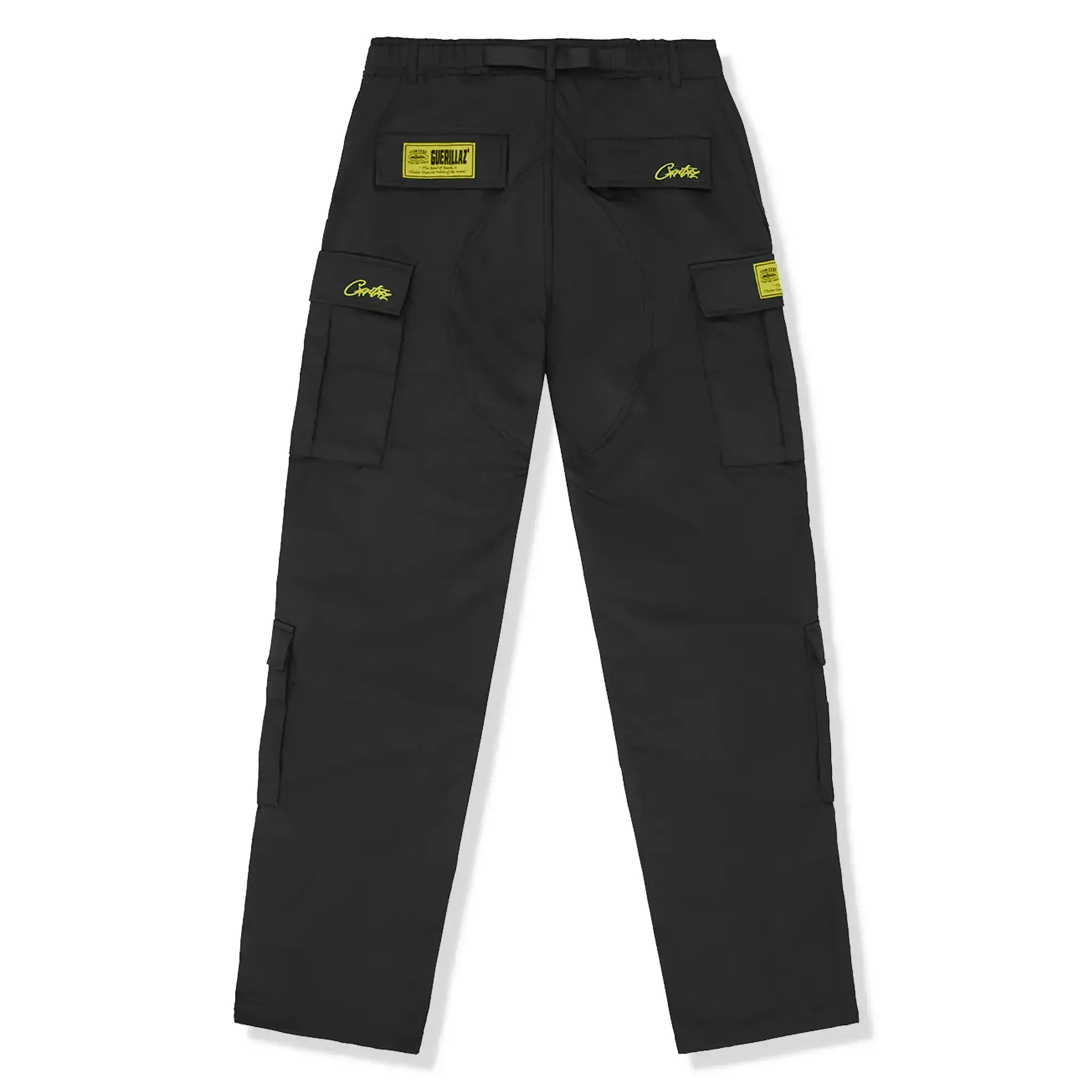 Back view of Corteiz Yella Guerillaz Black Yellow Cargo Pants