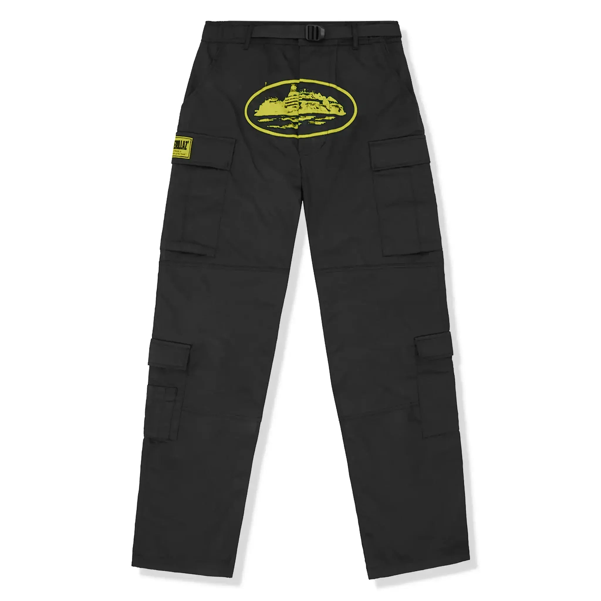 Front view of Corteiz Yella Guerillaz Black Yellow Cargo Pants