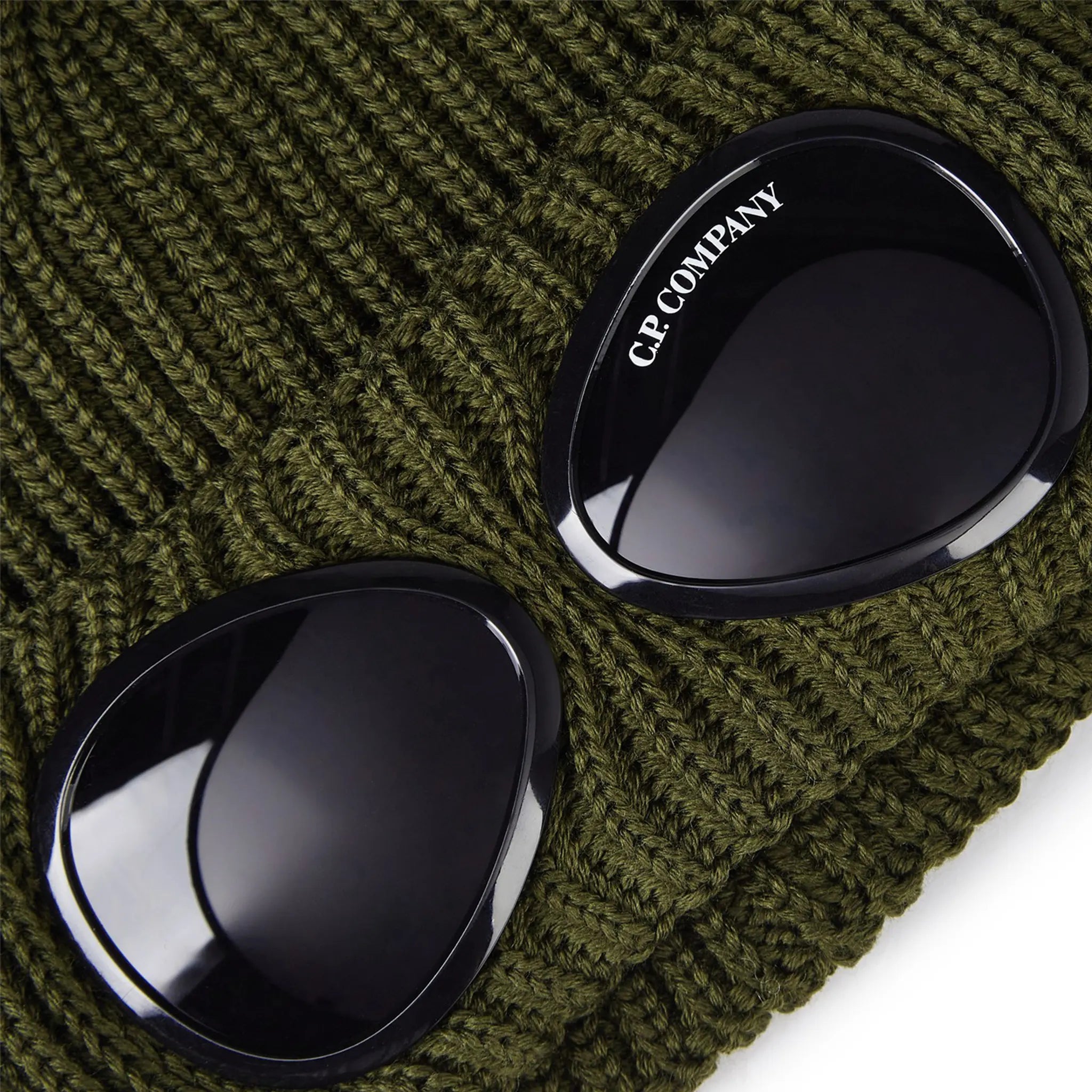 Detail view of CP Company Ivy Green Goggle Beanie