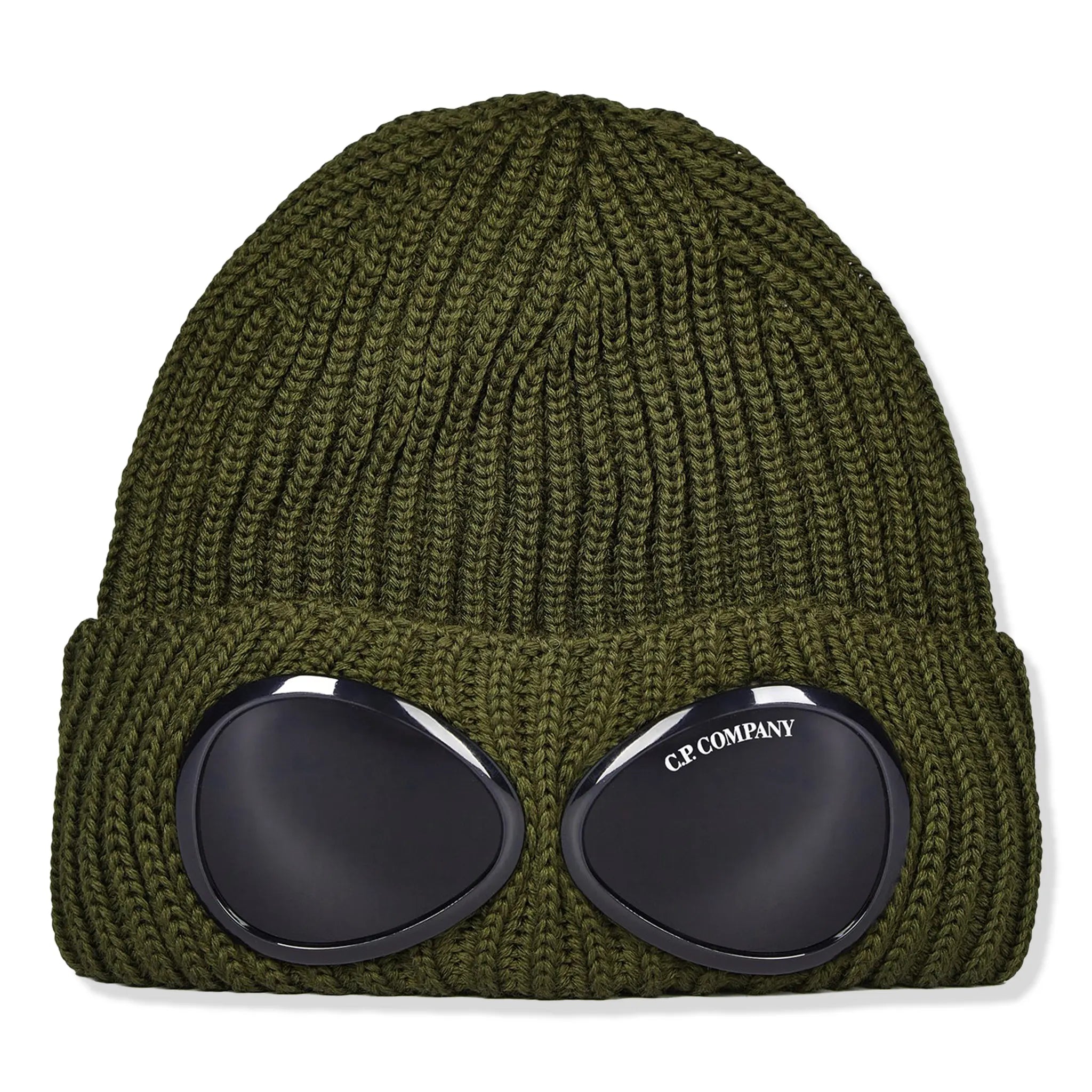 Front view of CP Company Ivy Green Goggle Beanie