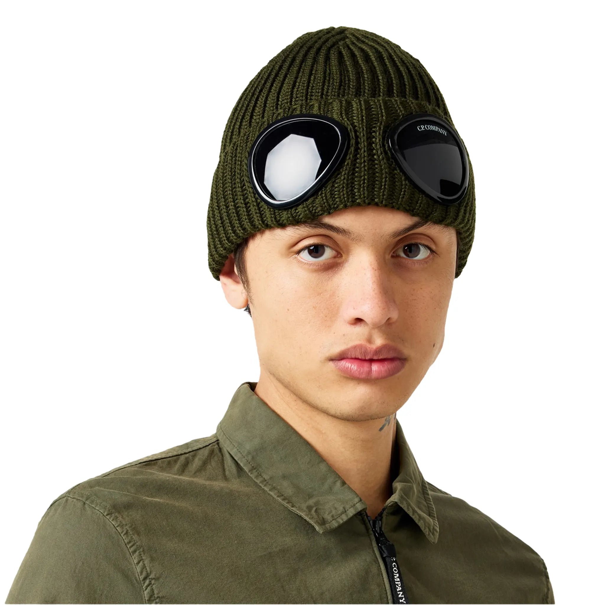 Model front view of CP Company Ivy Green Goggle Beanie