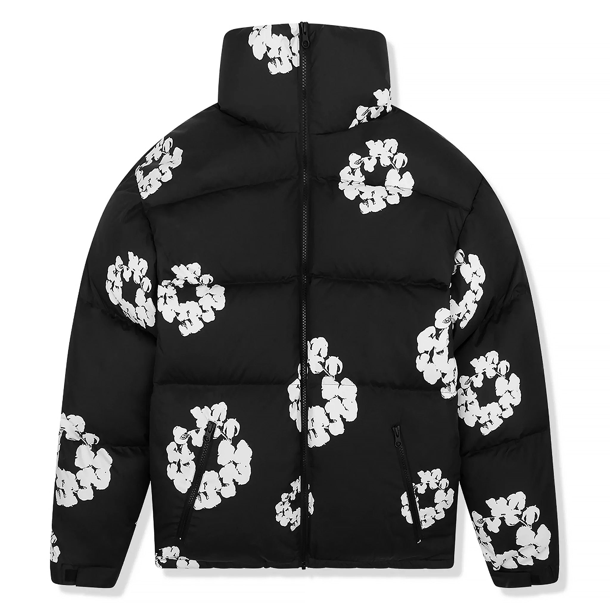 Front view of Denim Tears Cotton Wreath Black Puffer Jacket 