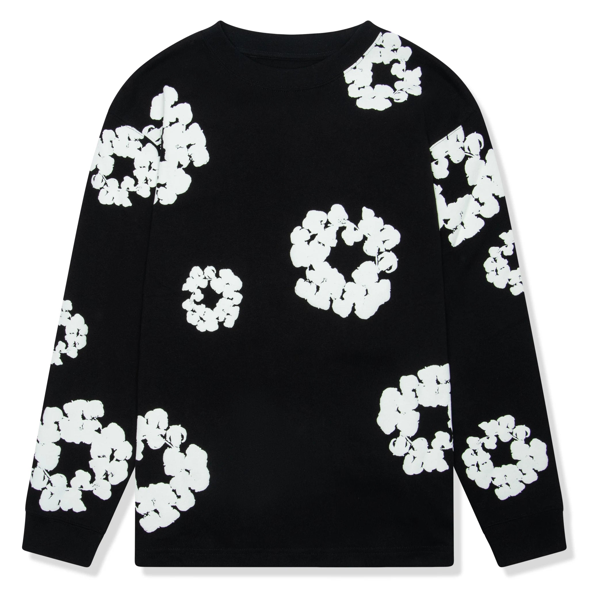 Front view of Denim Tears The Cotton Wreath Long-Sleeve Black T Shirt 