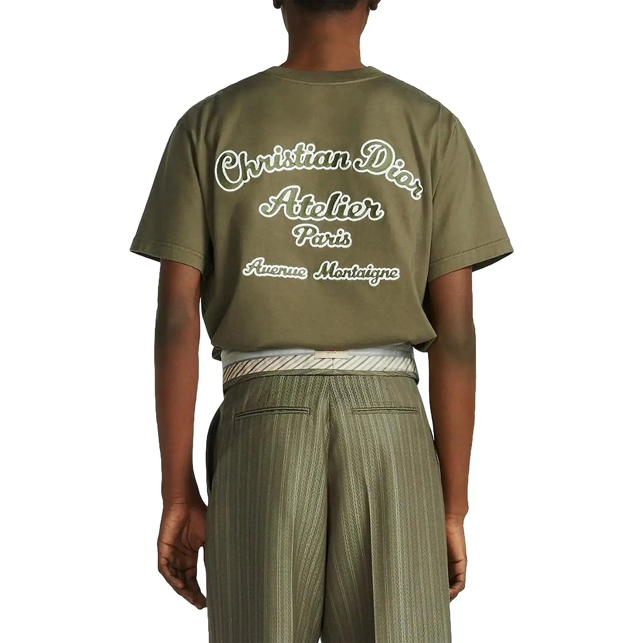 Model back view of Dior 'Christian Dior Atelier' Relaxed Fit Khaki T Shirt 293J645A0677_C680