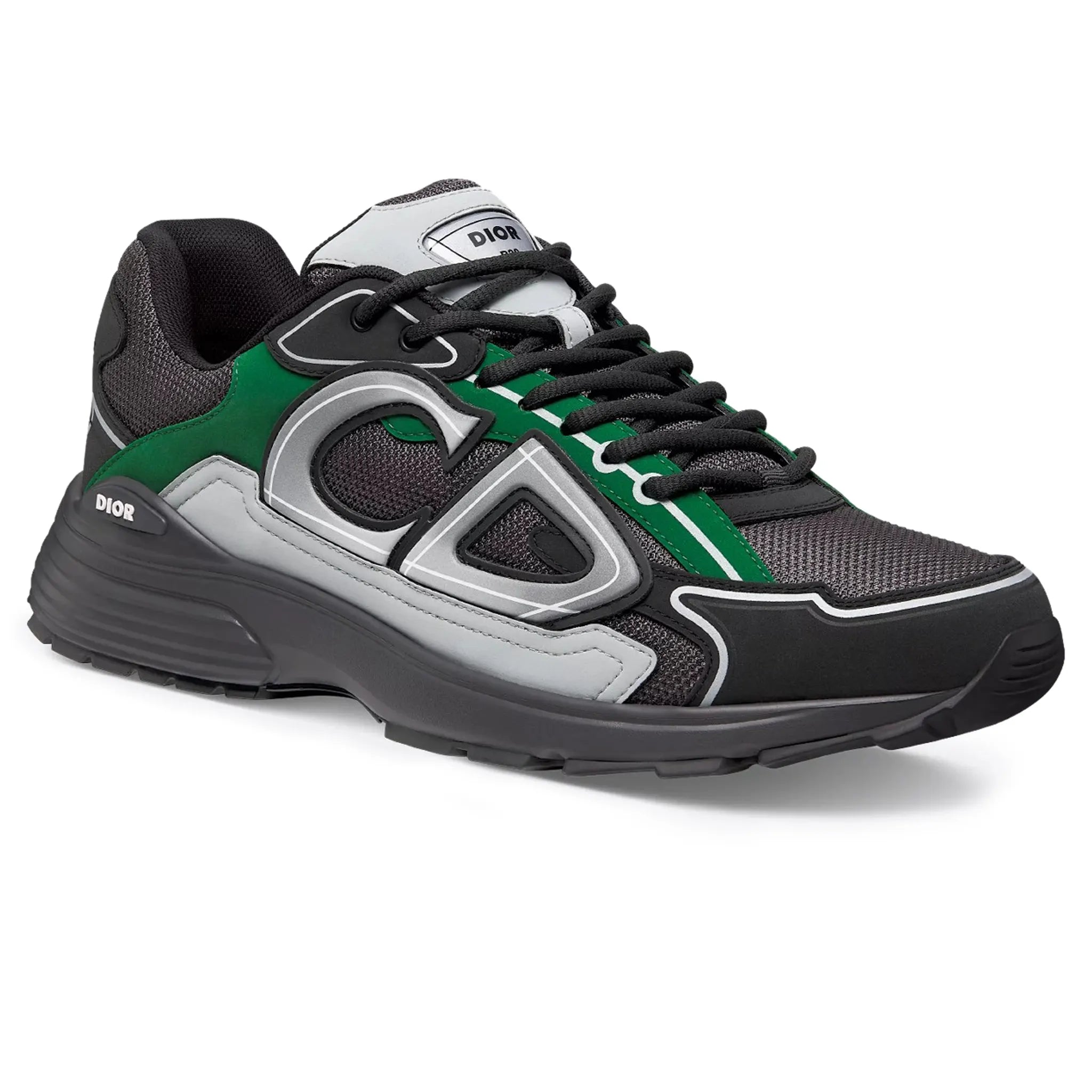 Front side view of Dior B30 Mesh Deep Grey Green Black Trainer 3SN279ZRB_H695