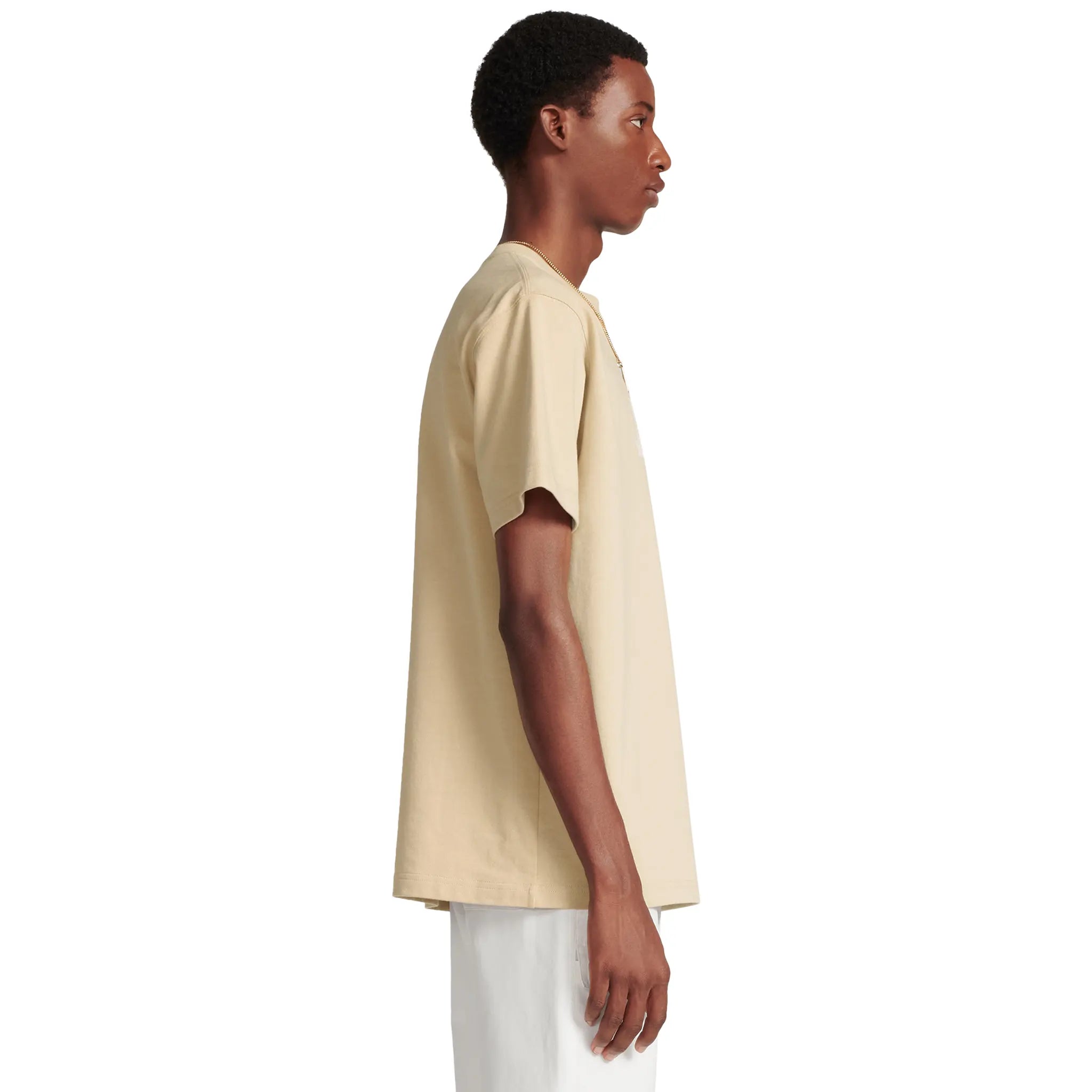 Model side view of Dior CD Icon Relaxed Fit Cotton Beige T Shirt 943J605F0554_C182