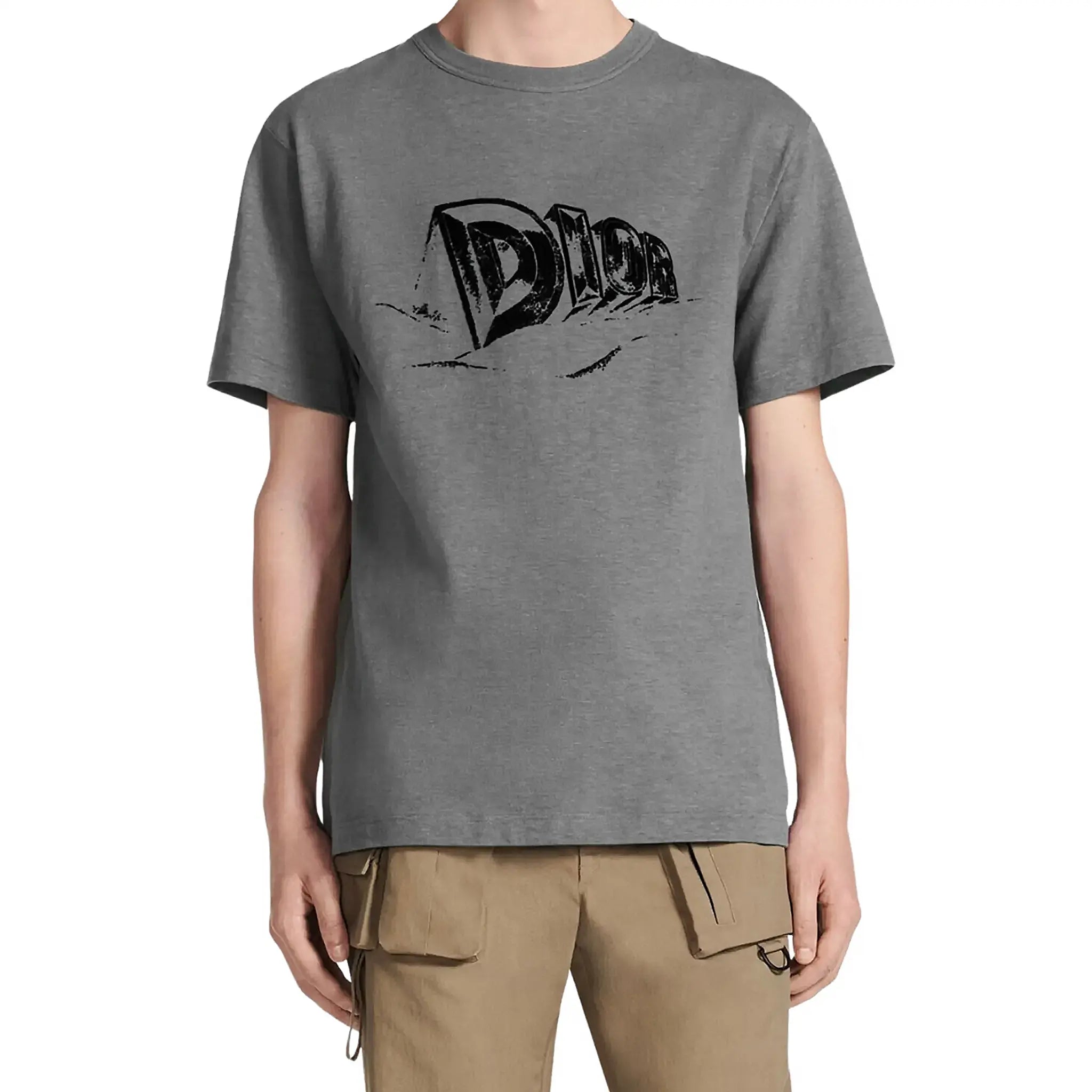 Model front view of Dior Graffiti Grey T Shirt 393J696A0849_C889